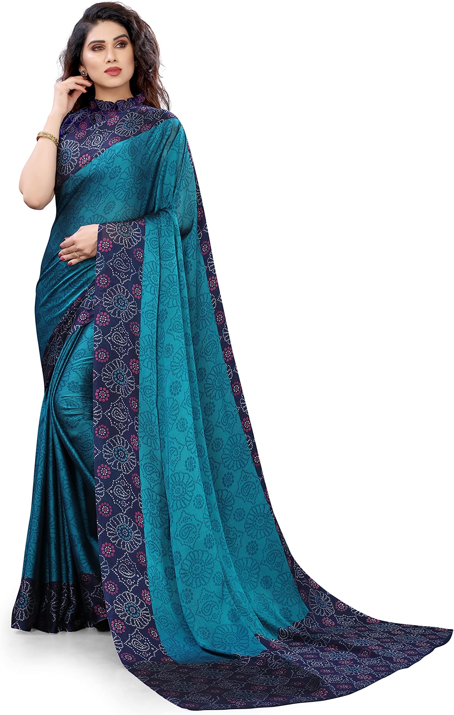 MIRCHI FASHION Women's Designer Chiffon Bandhani Printed Saree with Blouse Piece