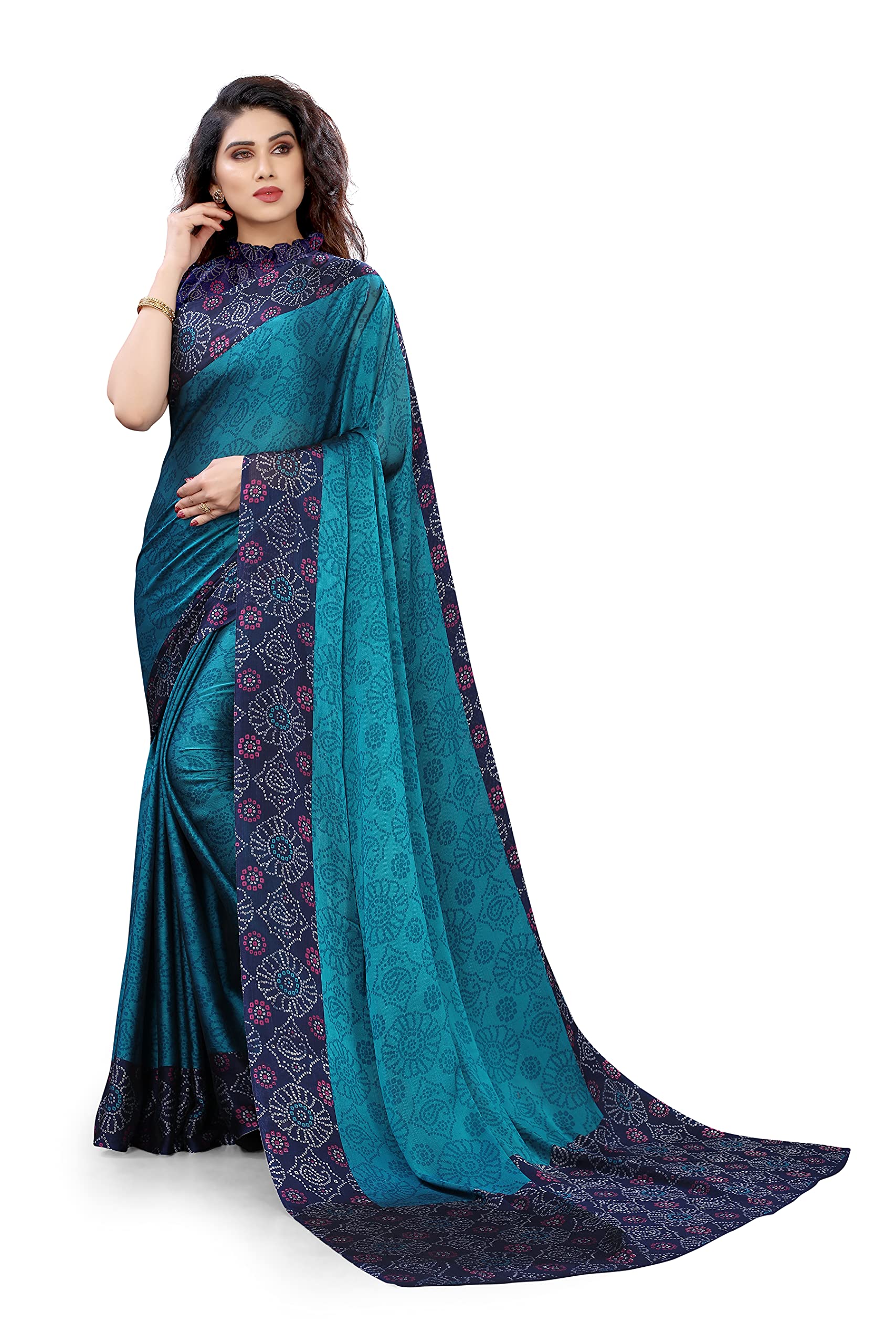 MIRCHI FASHION Women's Designer Chiffon Bandhani Printed Saree with Blouse Piece