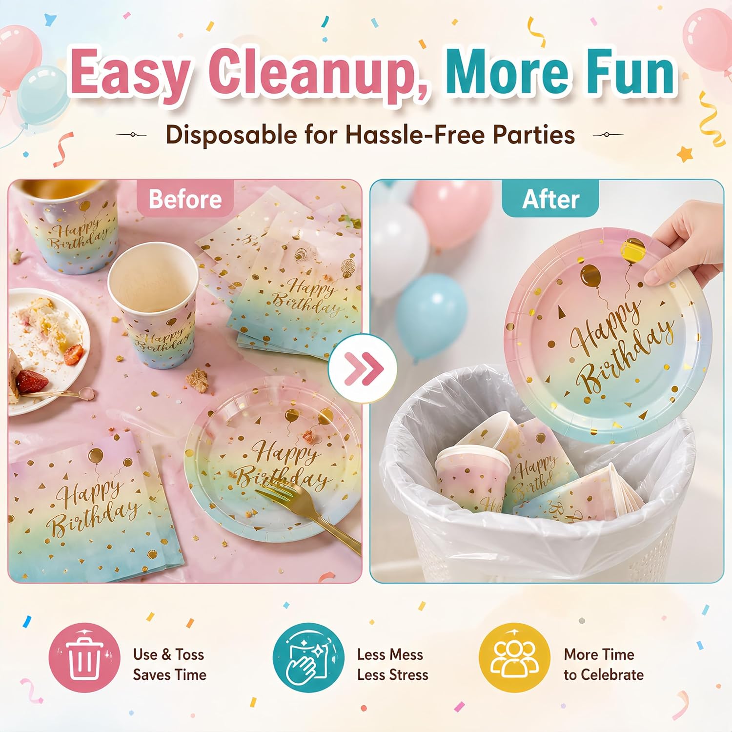 50PCS Happy Birthday Paper Plates and Napkins, 7inch Colorful and Gold Polka Dot Birthday Cake Dessert Plates Disposable Tableware Set for Birthday Party Supplies Decorations (Birthday Colorful) image 5