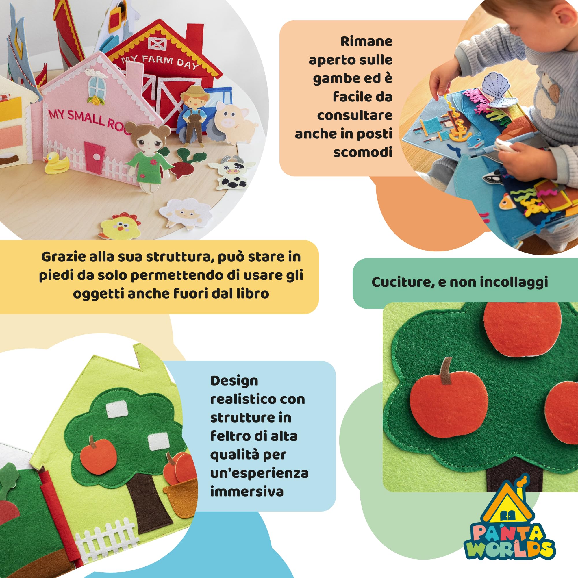 Pantaworlds | Libro Montessori Interattivo per Bambini 0-1-2-3-4-5 Anni My Farm Day, Quiet Book in Feltro, Libro Sensoriale, Gioco Educativo | Idea Regalo Bambini | Certificato CE | Fattoria