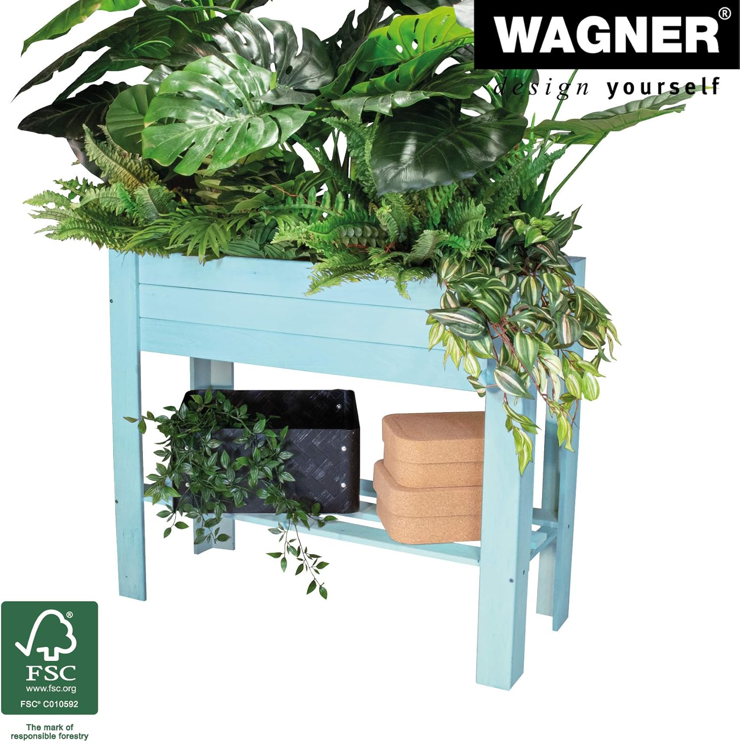 WAGNER GreenFAMILY - Raised bed - GreenBOX Light - coniferous wood, solid wood FSC®, aqua splash/turquoise, 70 x 83 x 34,5 cm, shelf, incl. plant bag - 25027001