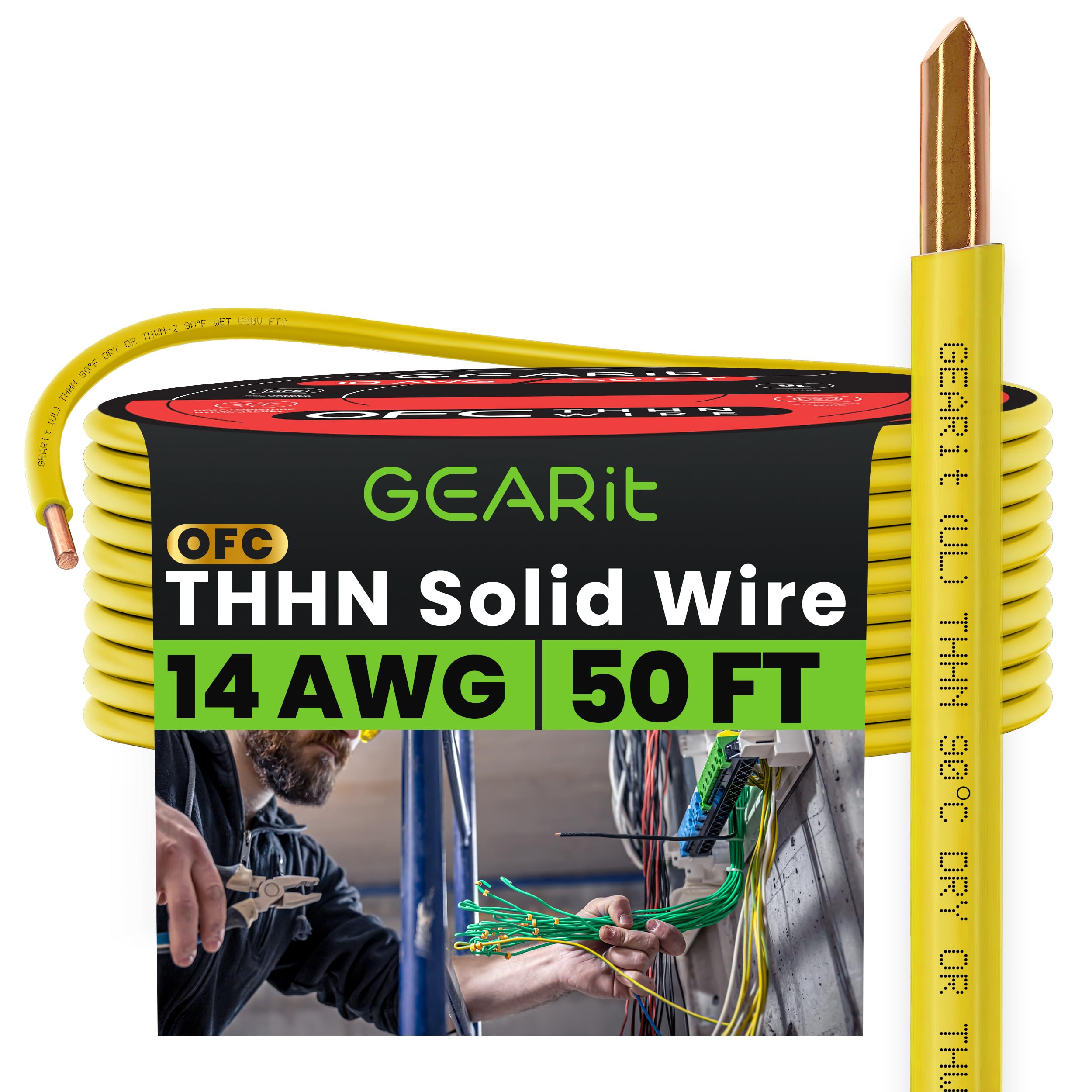 GEARit Solid THHN Wire (14 Gauge, 50 Feet) 100% OFC Electrical Building Wire, Rated for Up to 600 Volts, Single Conductor, Nylon Jacket, UL Listed/