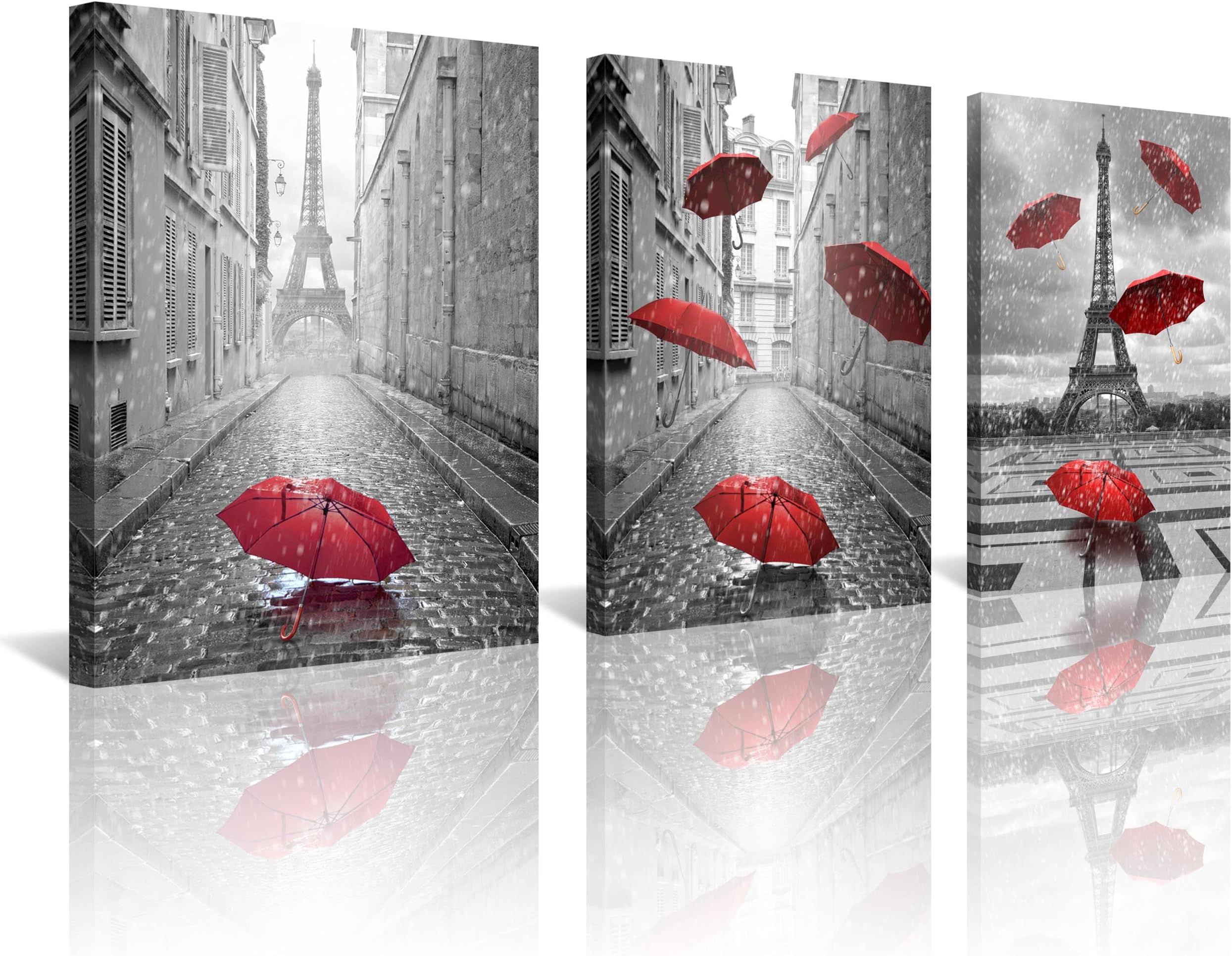 NAN Wind 3 Panels Modern Giclee Canvas Prints Paris Black and White with Eiffel Tower Red Umbrellas Flying Wall Art Landscape Wall Decor Paintings on Canvas Framed Ready to Hang for Home Decor