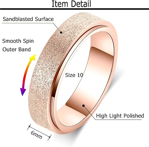 Miniatura 2 de Anillo antiestrés de titanio, de acero inoxidable para la ansiedad, tamaño 6-12, ancho 6 mm, 5 colores, para mujeres y hombres oro rosa, arco iris,