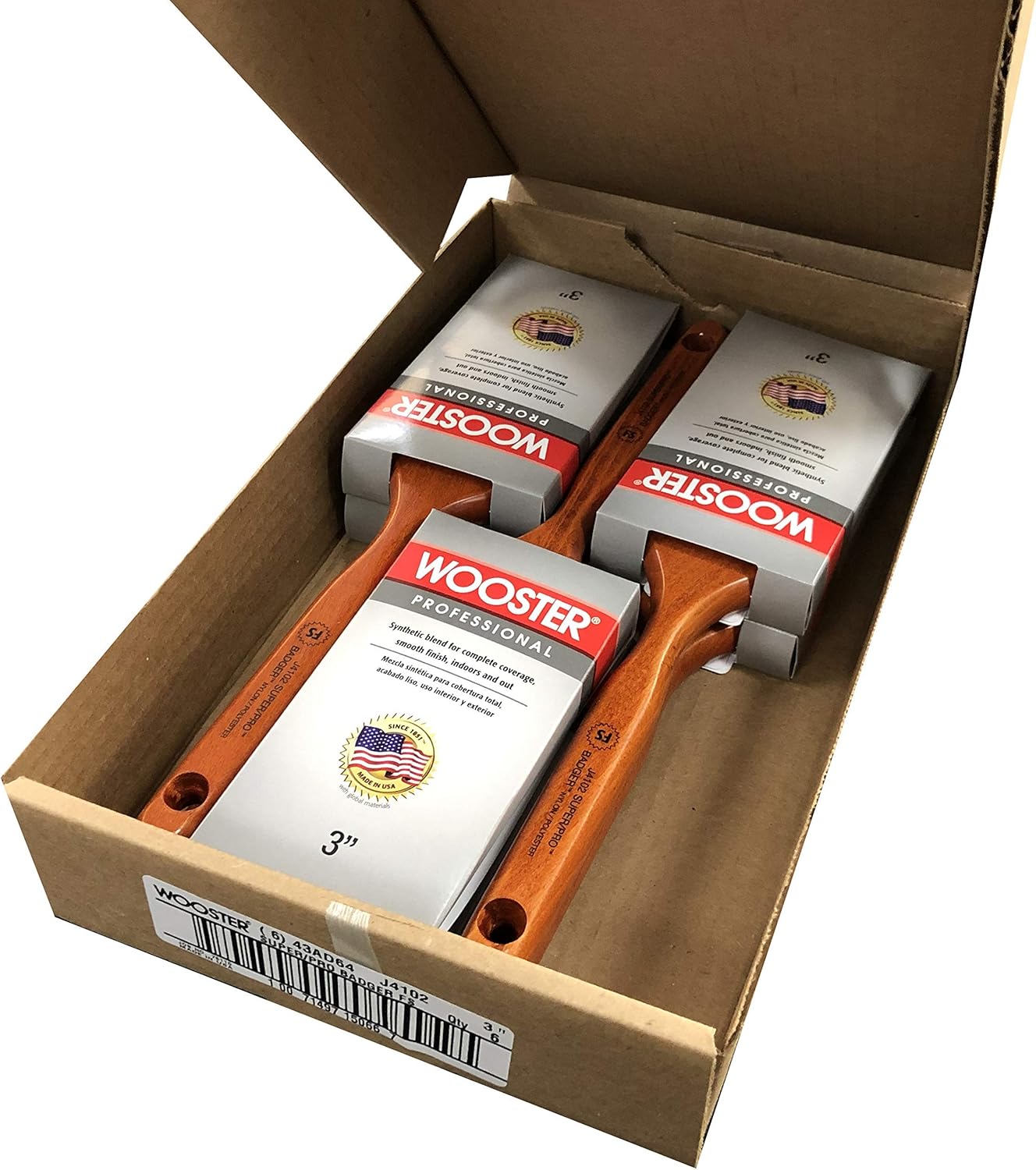 Wooster Brush J4102 Super/Pro Badger 3 inch Flat Sash Paint Brush - Pack of 6