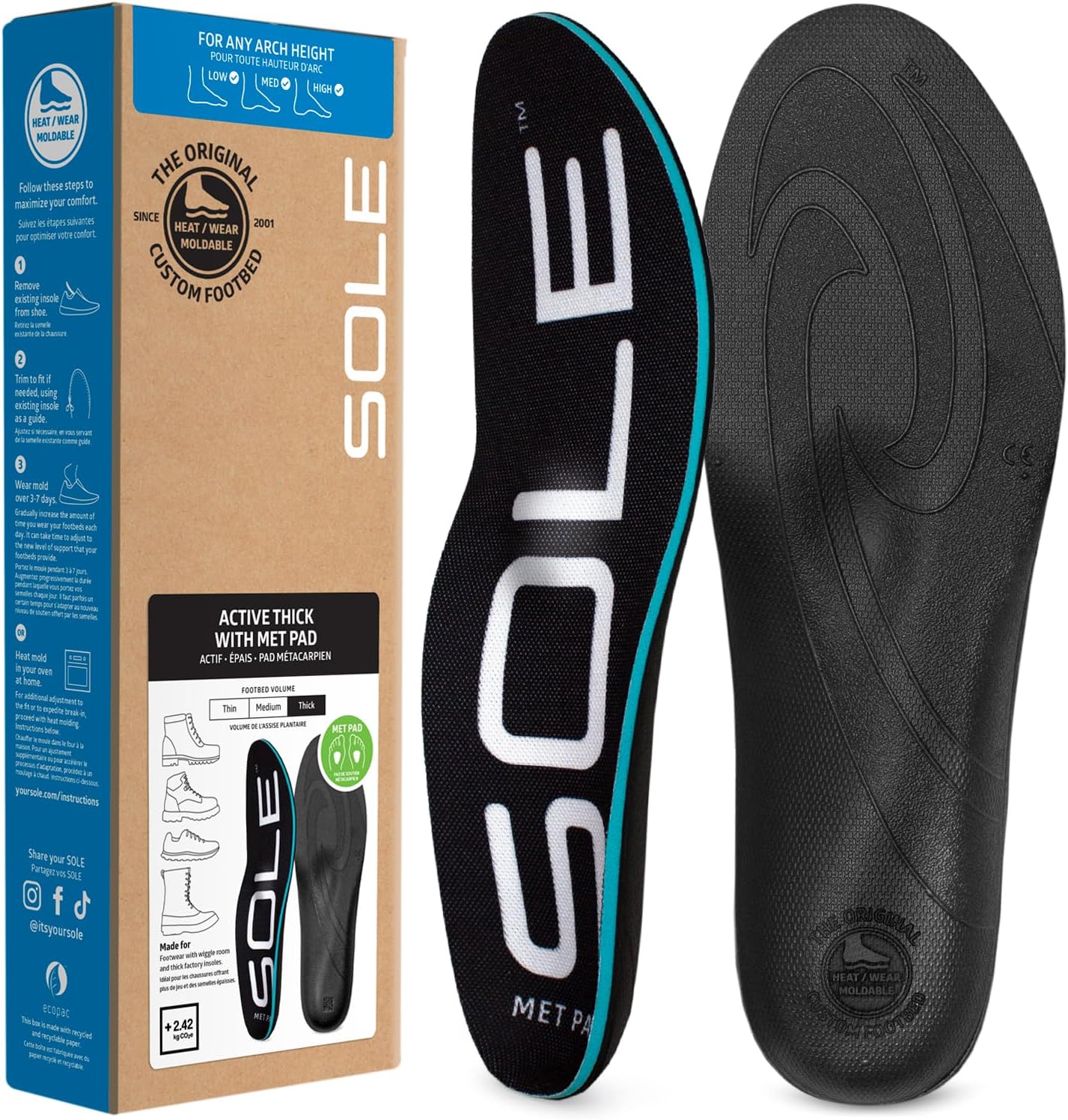 SOLE Active Thick Insoles - Custom Moldable Orthotic Support for Any Arch Type, Plantar Fasciitis Relief - Multiple Sizes