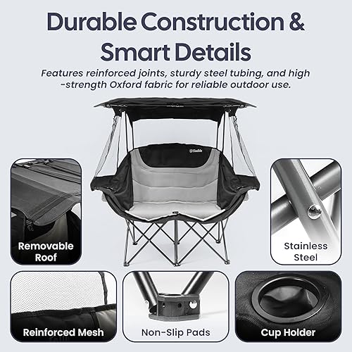 Miniatura 7 de Silla de camping doble con toldo, asiento plegable para dos personas, sofá biplaza portátil al aire libre con sombra, silla plegable para playa,