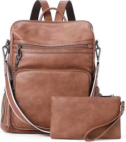 CLUCI Mochila de cuero para mujer, bolso de hombro convertible de viaje grande para mujer, 0 Marrón, Mochilas de viaje