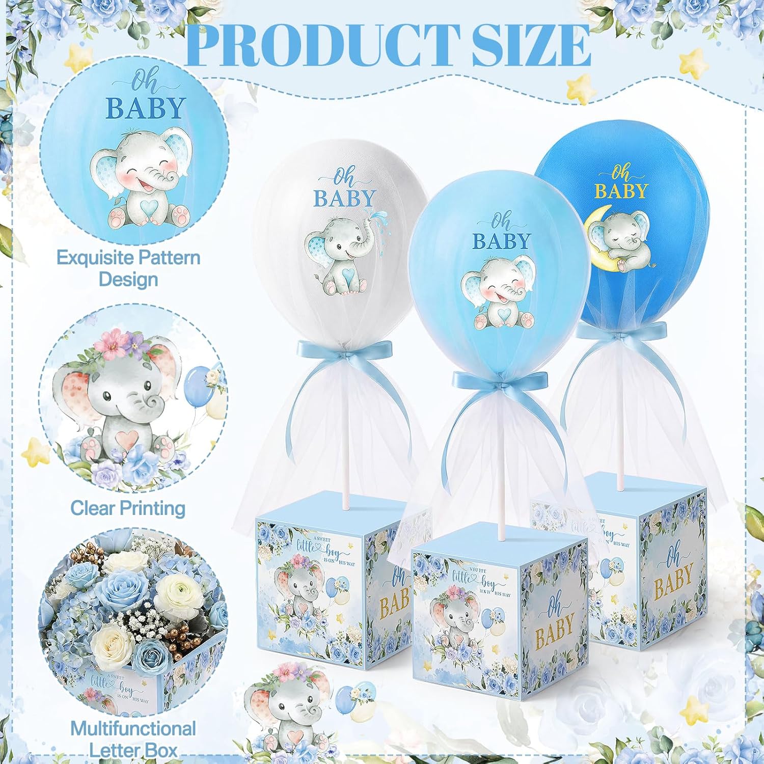 6 Set Elephant Tulle Tutu Balloon with Letter Boxes Baby Shower Table Centerpieces Decor for Gender Reveal Balloons Tulle Cover with Stand Elephant Themed Baby Shower Birthday Party(Blue)