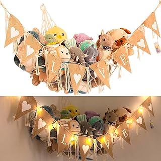 Macrame Stuffed Animal Net or Hammock with Light Boho Hanging Squishmallow Net Toy Hammock for Stuffed Animals Storage Ideas Plushie Net Stuffy Animal Holder Organizer for Nursery Bedroom Playroom