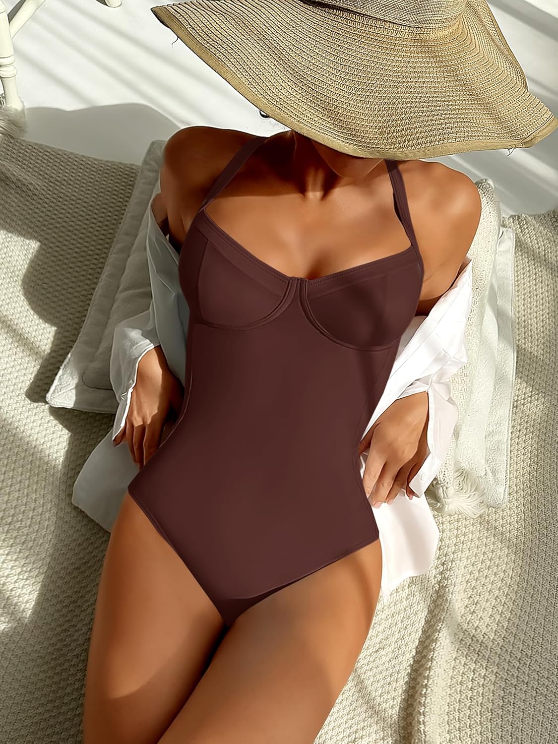 ANRABESS Womens One Piece Swimsuit Slimming Color Block Bathing Suit Full Coverage Swimwear 2026 Beach Vacation Clothes Brown Large - Image 4