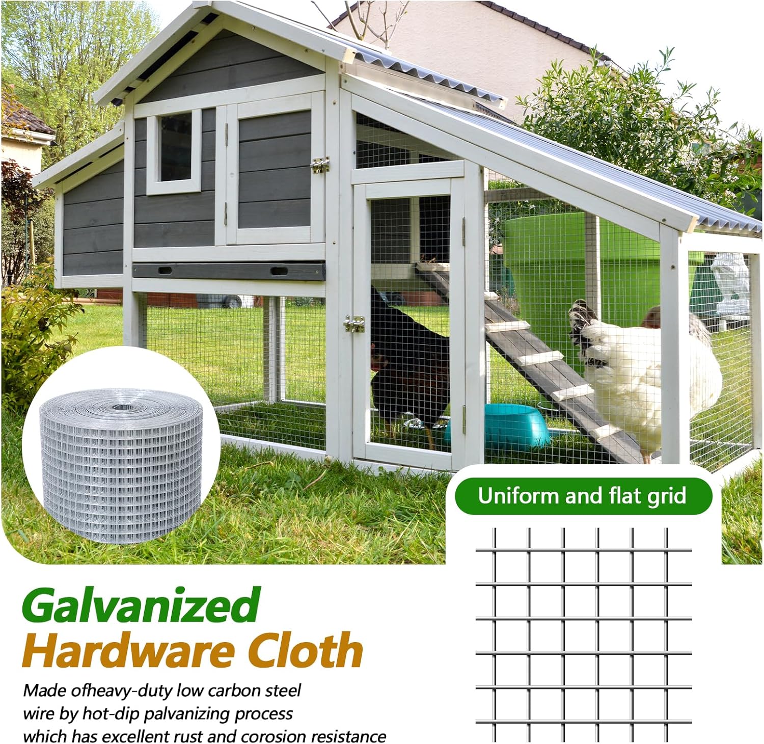Hardware Cloth 1/4'' 24'' X 50',23 Gauge Chicken Wire Mesh Fence Double Layer Galvanized, Welded Metal Wire Fence Mesh Roll for Gardens Plants Poultry Animals Cage Chicken Coop Accessories
