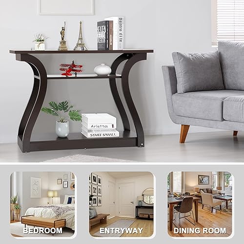 Miniatura 7 de SUPER DEAL Mesa de consola estrecha de 3 niveles Mesa de acento para sofá, mesa de entrada de madera, mesa de pasillo decorativa con estantes, marco