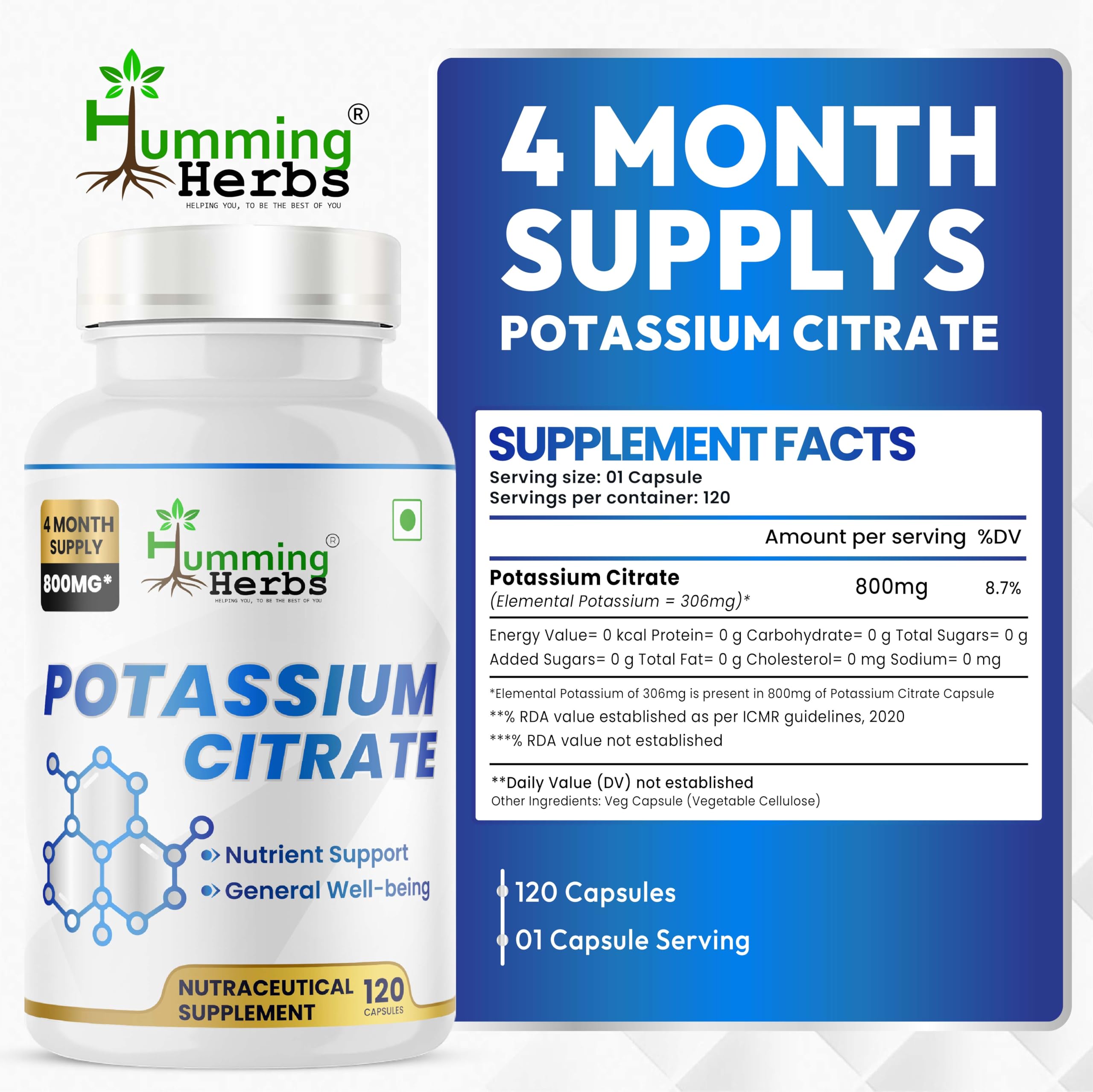Humming Herbs Potassium Citrate Electrolyte Balance, Muscle & Heart Support | Essential Mineral for Hydration, Nerve Function & General Well-Being (120) 1