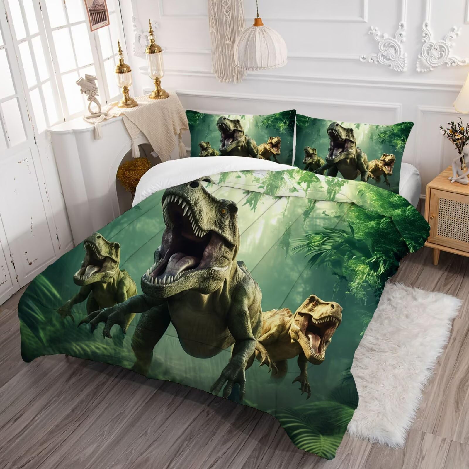 VTKON Dino Bedding Set Queen Size for Boys Dino Comforter for Kids 3 Pieces Dinosaur Comforter Set Bed in A Bag T-Rex Dinosaur Comforter Set for Home Decor