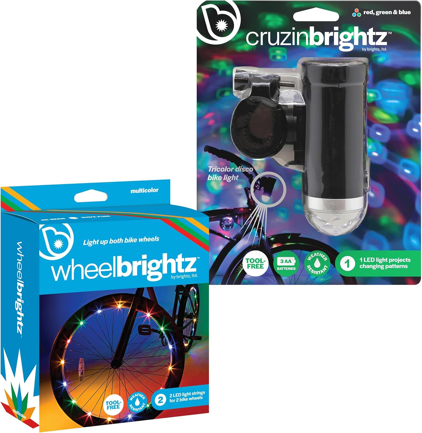 Brightz Ultimate Bike Light Bundle - Includes WheelBrightz Multicolor LED Bike Wheel Lights 2-Pack & CruzinBrightz Disco LED Bike Light - Universal Fit, Easy Install, Long Battery Life