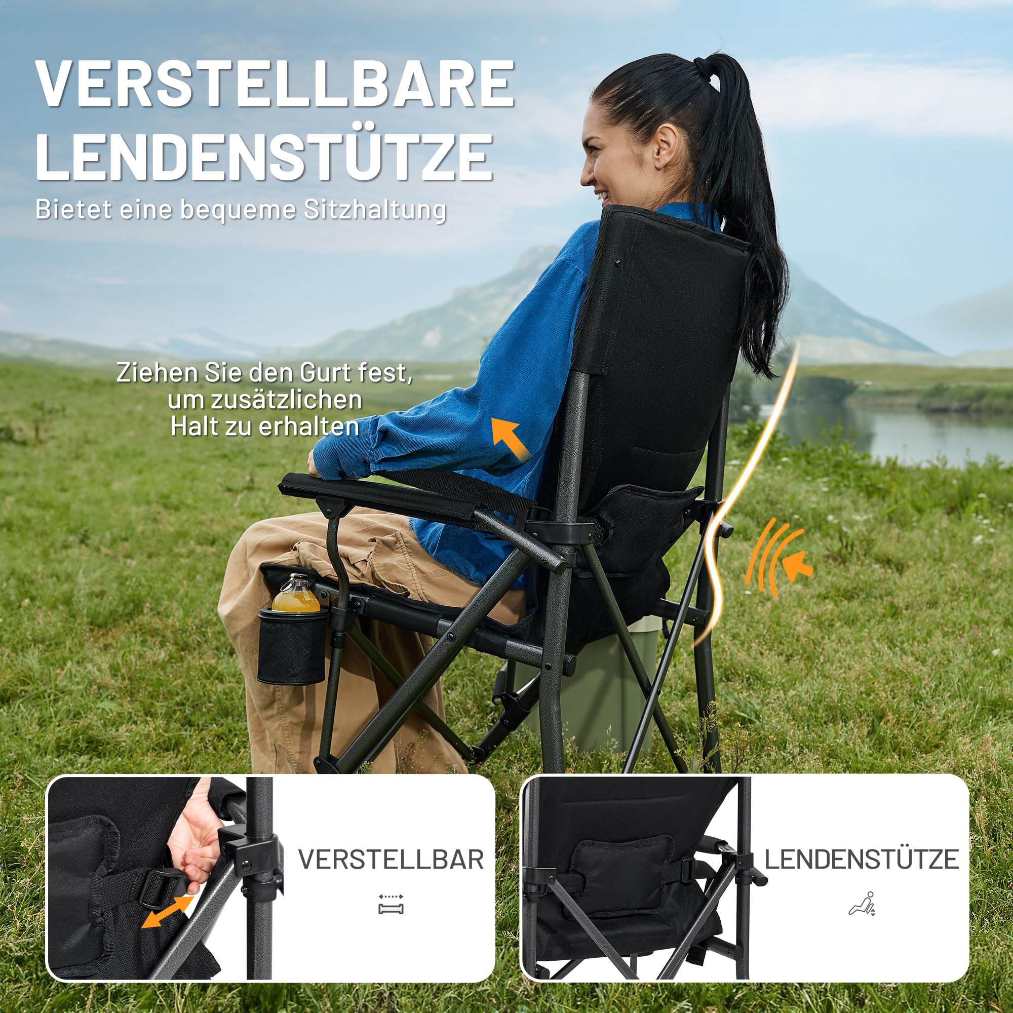 TIMBER RIDGE Campingstuhl Faltbar 150kg Belastbar Verstellbare Lendenwirbelstütze Klappstuhl mit Getränkehalter Tragetasche Angelstuhl Faltstuhl Hochlehner Sessel für Camping Garten Balkon Picknick