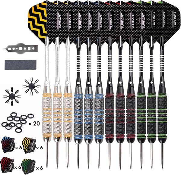 Turnart Fléchette Fléchettes Pointe Acier 12 pcs 24g Fléchettes Professionnelles 24 Ailes 12 Fléchettes avec 20 Anneaux en Caoutchouc Outil à Anneaux en Laiton Fléchettes - 1