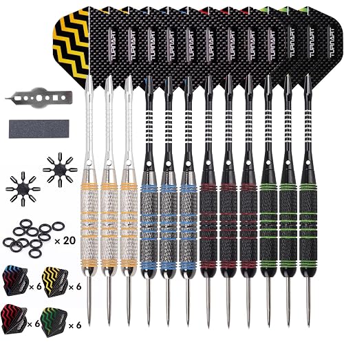 Turnart Darts Metal Tip Set - Steel Tip Darts Darts Set Professional Metal Darts Dart Board Set 12 Pcs 24 Gram 20 O-Rings Aluminum Darts Shafts 24 Extra Flights Darts Tool