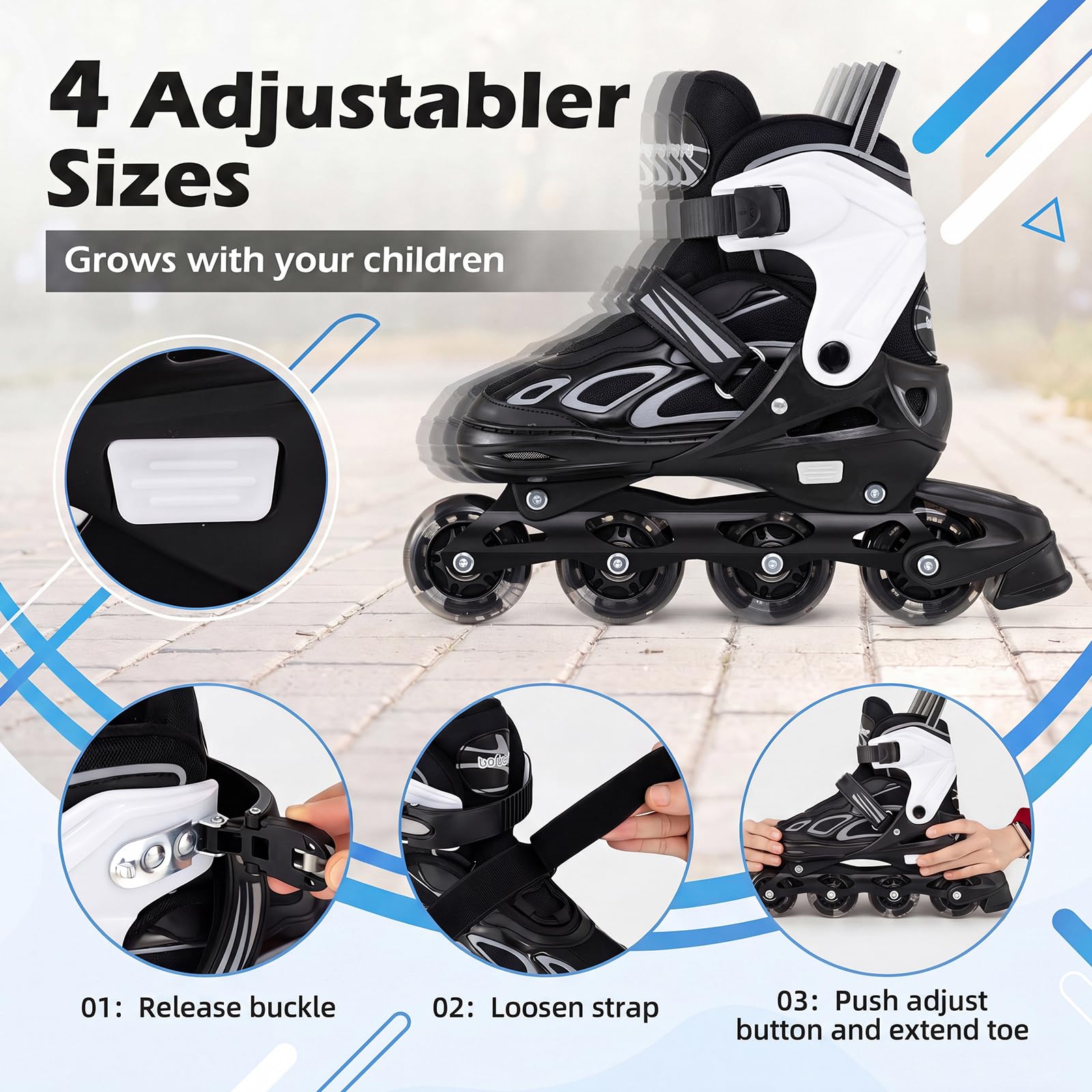 HOMASIS Roller en Ligne, Patins à roulettes avec Roues LED Illuminées, Patins à Glace Réglables avec Protection Antichoc, pour Enfant de 5-14 Ans