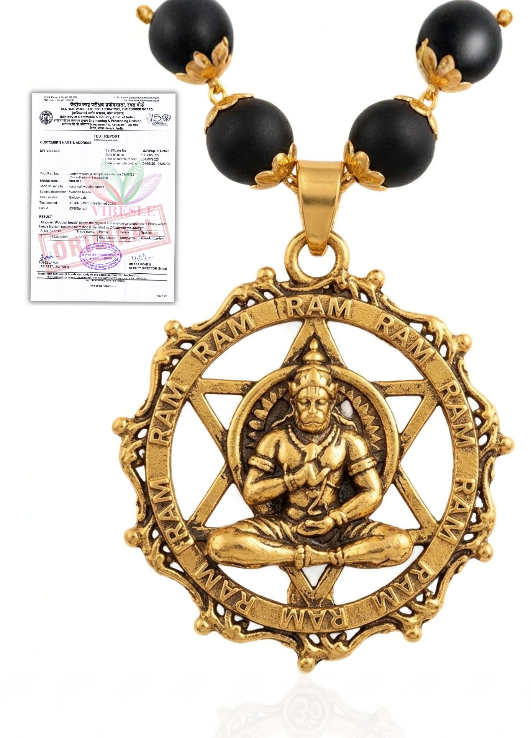 vibesle Original Karungali Mala 54 Beads with Hanuman Locket | Certified Natural Ebony Wood Mala for Men & Women | Copper Gold Plated Ram Nam Hanuman Ji Pendant for Protection and Success-picture-1