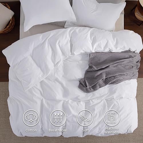 Miniatura 4 de Bedsure Funda de edredón 100% algodón lavado, tamaño King, funda de edredón minimalista blanca brillante, similar al lino, juego de funda de edredón