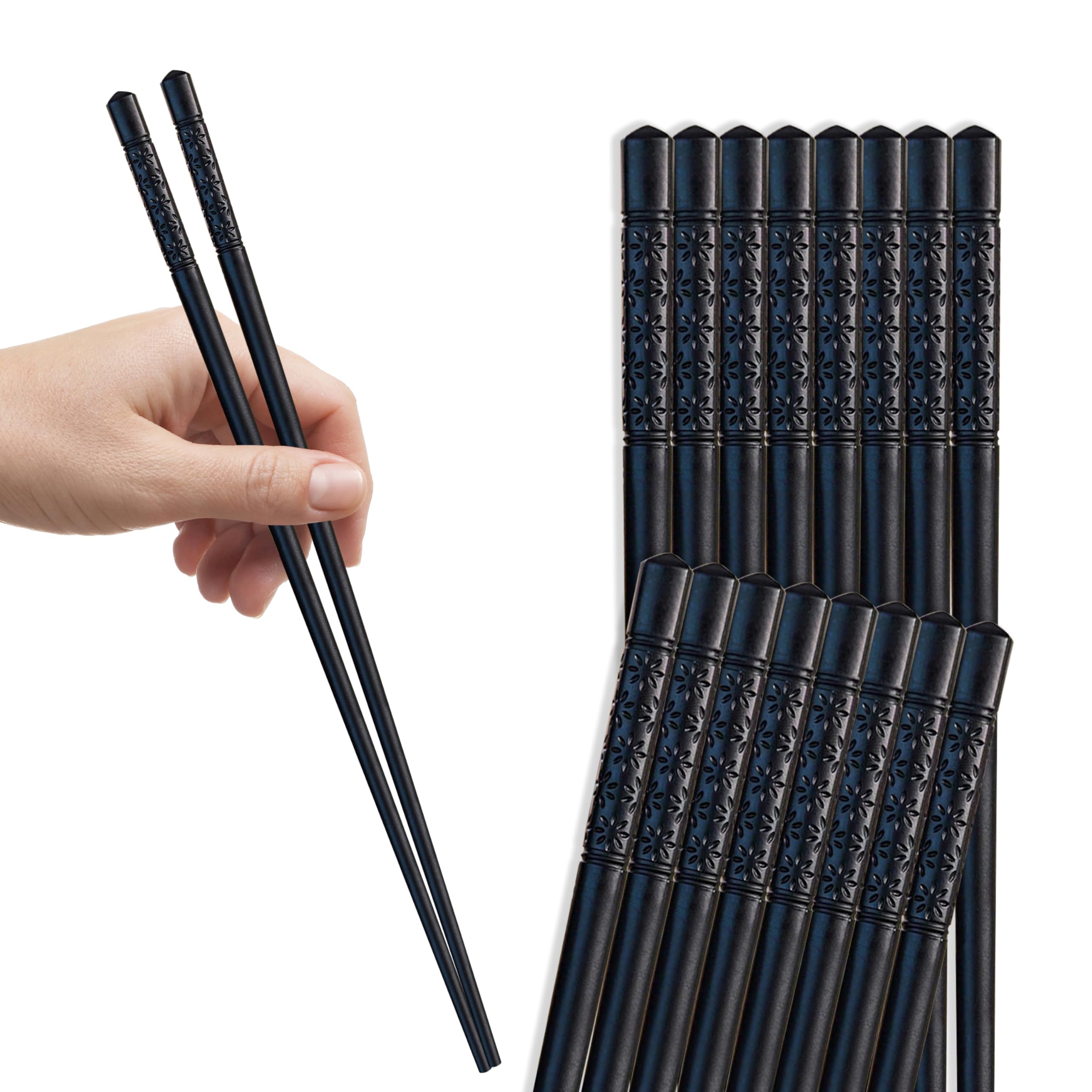 FloraVigo 8 Pairs Chopsticks Set Fibreglass Washable Black Sushi Sticks Non-Slip Chopsticks Black 24 cm Alloy Reusable