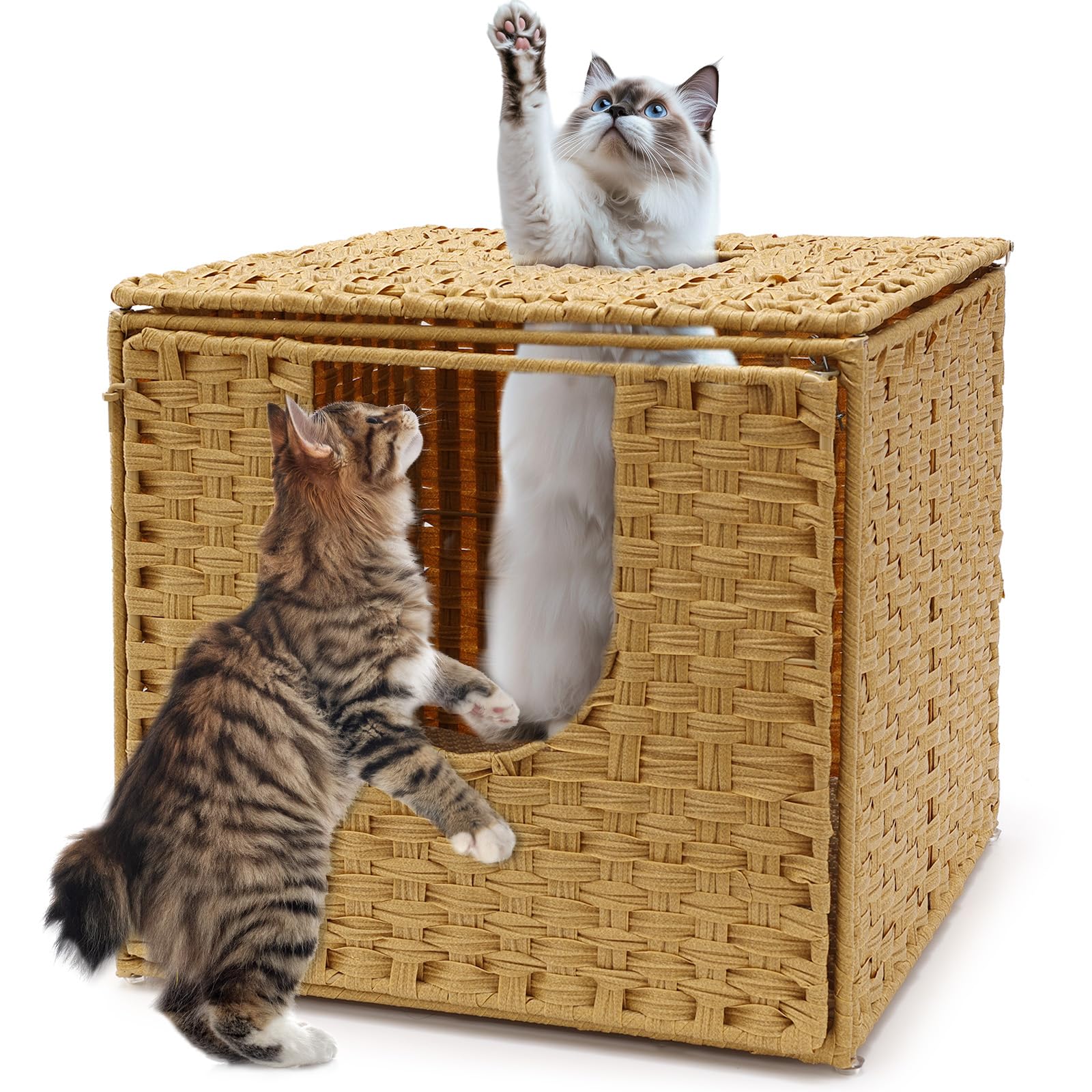 Mueble Arenero Gatos, Cat Litter Box Enclosure, Casa de Baño para Mascota con Puerta y Divisor Separado, Tejido a Mano Caja de Arena Grande 50 x 52 x 45 cm, 2 IN 1 Cueva para Gatos Cat Bed