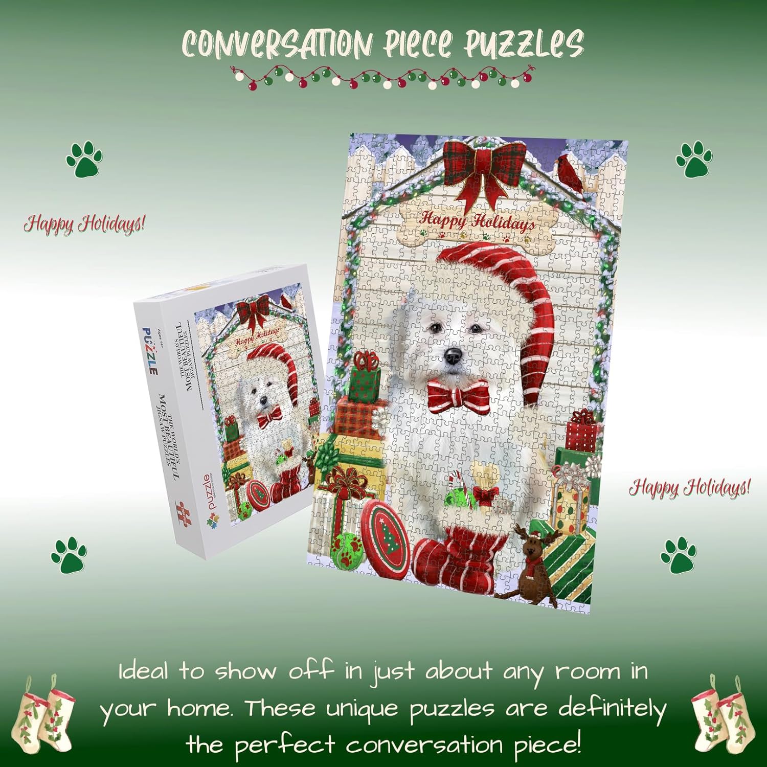 Christmas House with Presents Coton De Tulear Dog Jigsaw Puzzle for Adults - Animal Printed Interlocking Puzzle Game Artwork - Gift for Dog Lover's- 500 Pcs 14"x20", PZLE52868