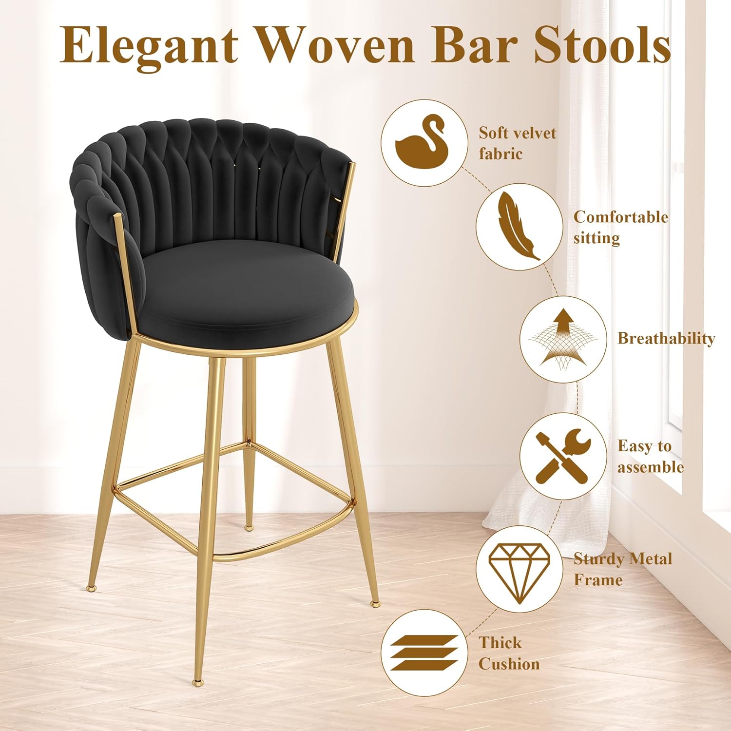 Counter Height Stools Set of 2, Velvet Bar Stools with 27 Inches Upholstered Seat Height, Handmade Woven Back Armrest, Sturdy Golden Metal Legs for Home Dining Pub Kitchen Island, Black
