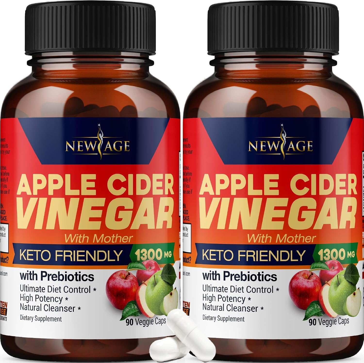 (2-Pack) Apple Cider Vinegar w/Mother Capsules 180 Capsules 1300 mg with Prebiotics, Cayenne Pepper to Support Weight Goals, Cleanse, Control Appetite, Bloating Relief