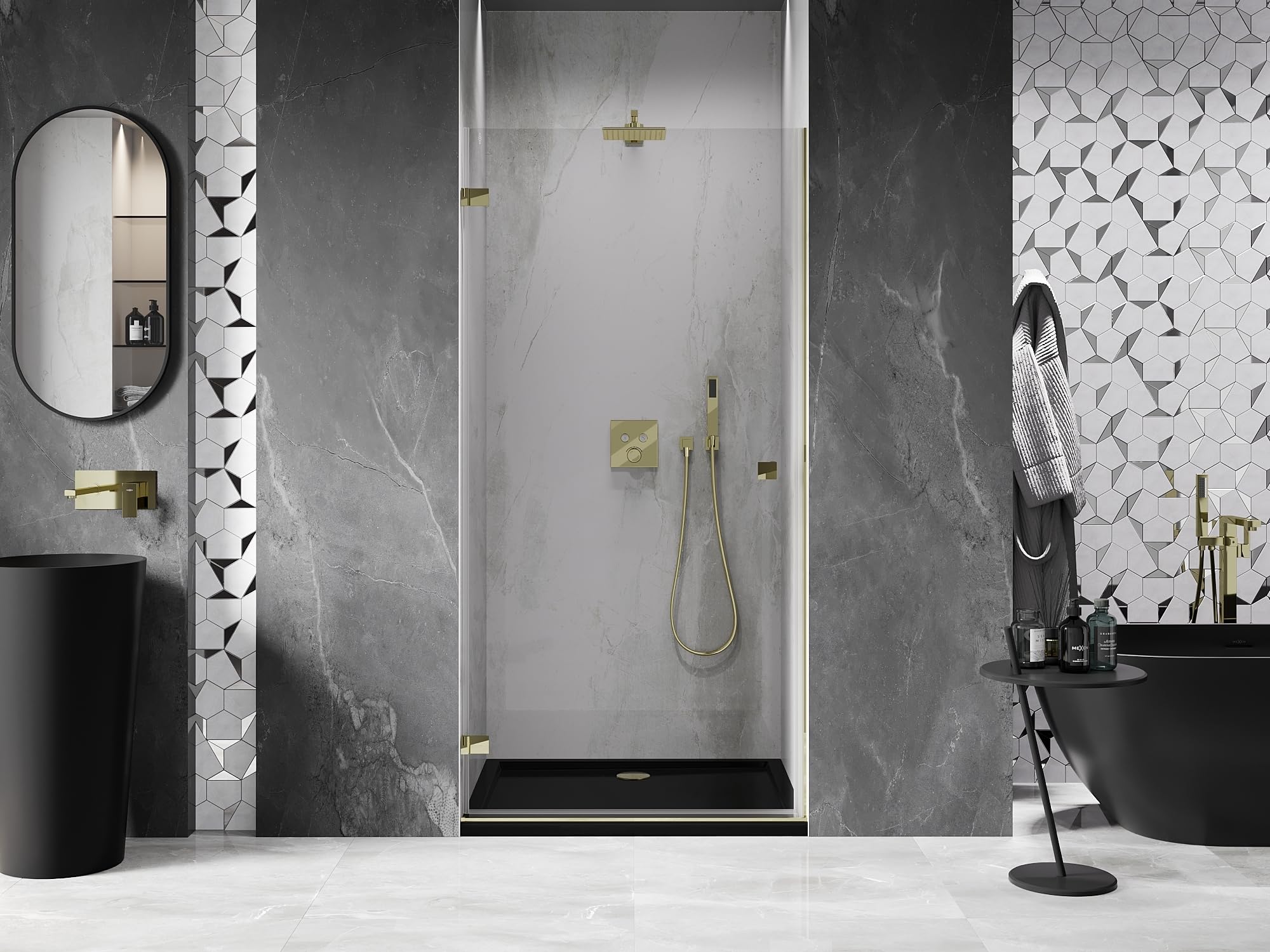 Mexen Lunar-B - Porta doccia a battente sinistra, 60 cm, trasparente, oro