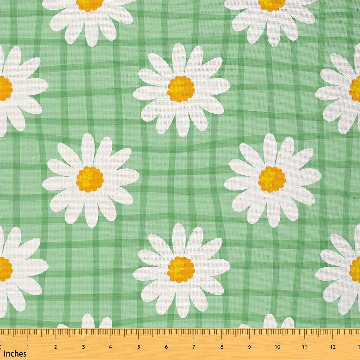 Retro Daisy Fabric by The Yard Watercolor 70s Groovy Hippie Flowers Fabric for Sewing Lovers Green Plaid Wild Floral Rustic Style Fabric for Room Decor and DIY Upholstery 2 Yards