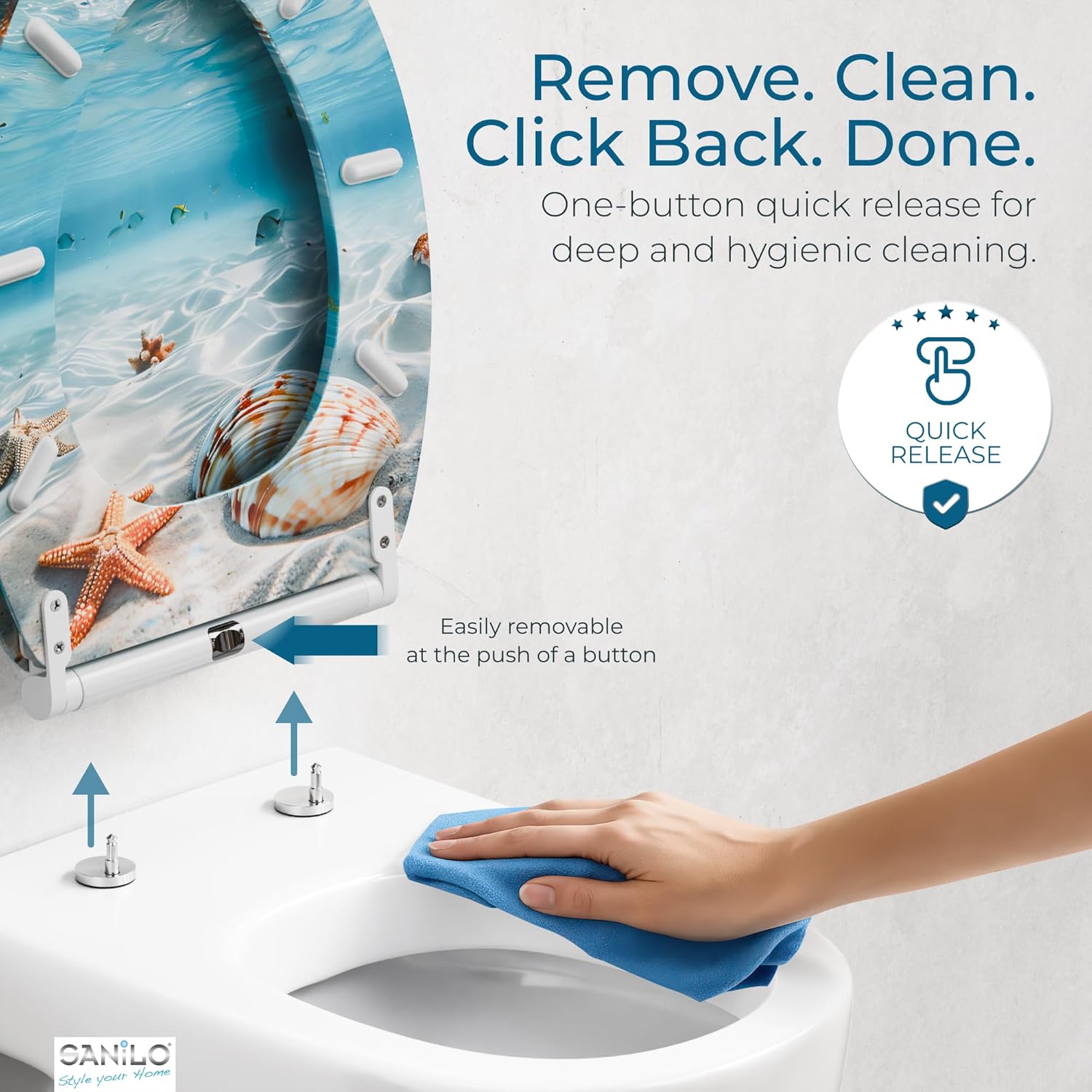 Sanilo Wooden Toilet Seat with Quick Release & Soft Close [ELONGATED] - Decorative & Slow Close Molded Wood Seat - With One Click for Easy Installation & Cleaning - With Adjustable Fit (Waterworld)