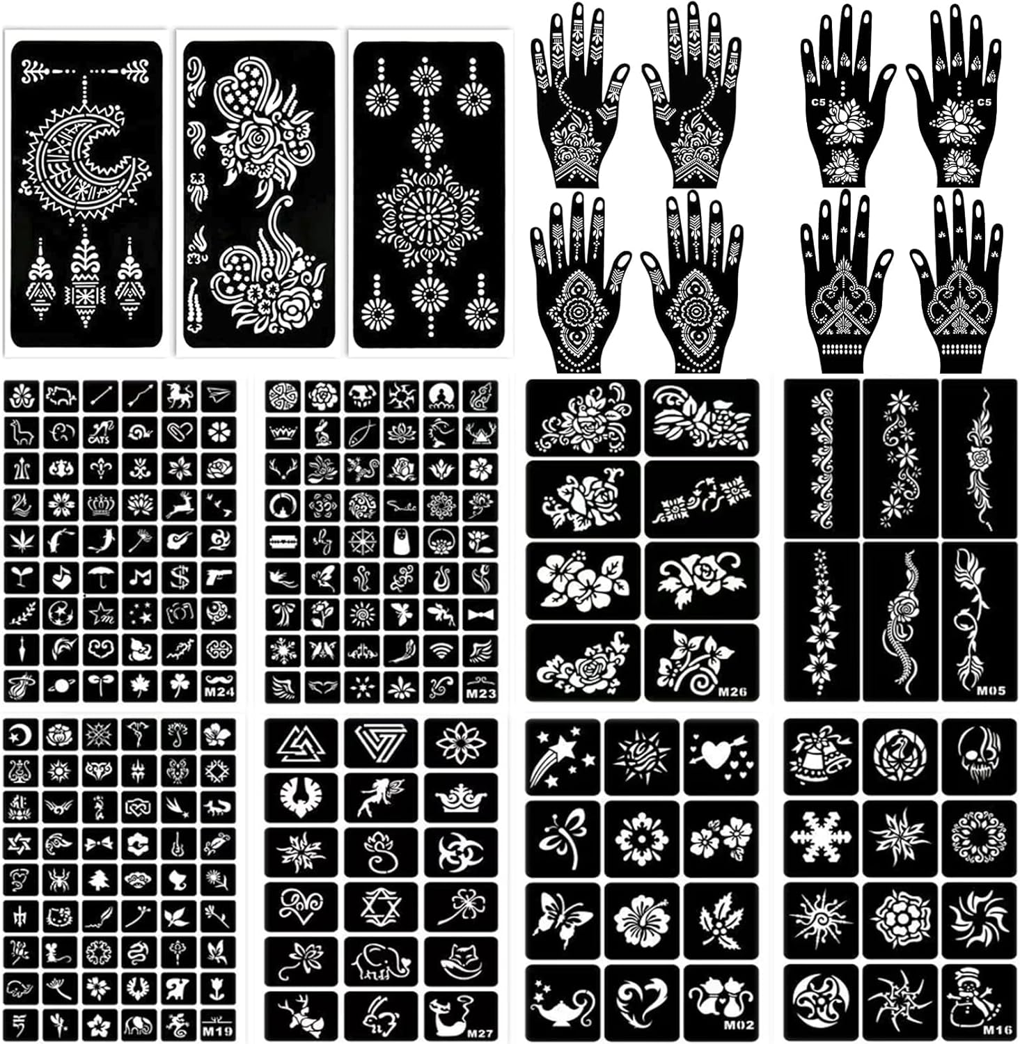 Set di 19 stencil per tatuaggi con henné riutilizzabili, con glitter