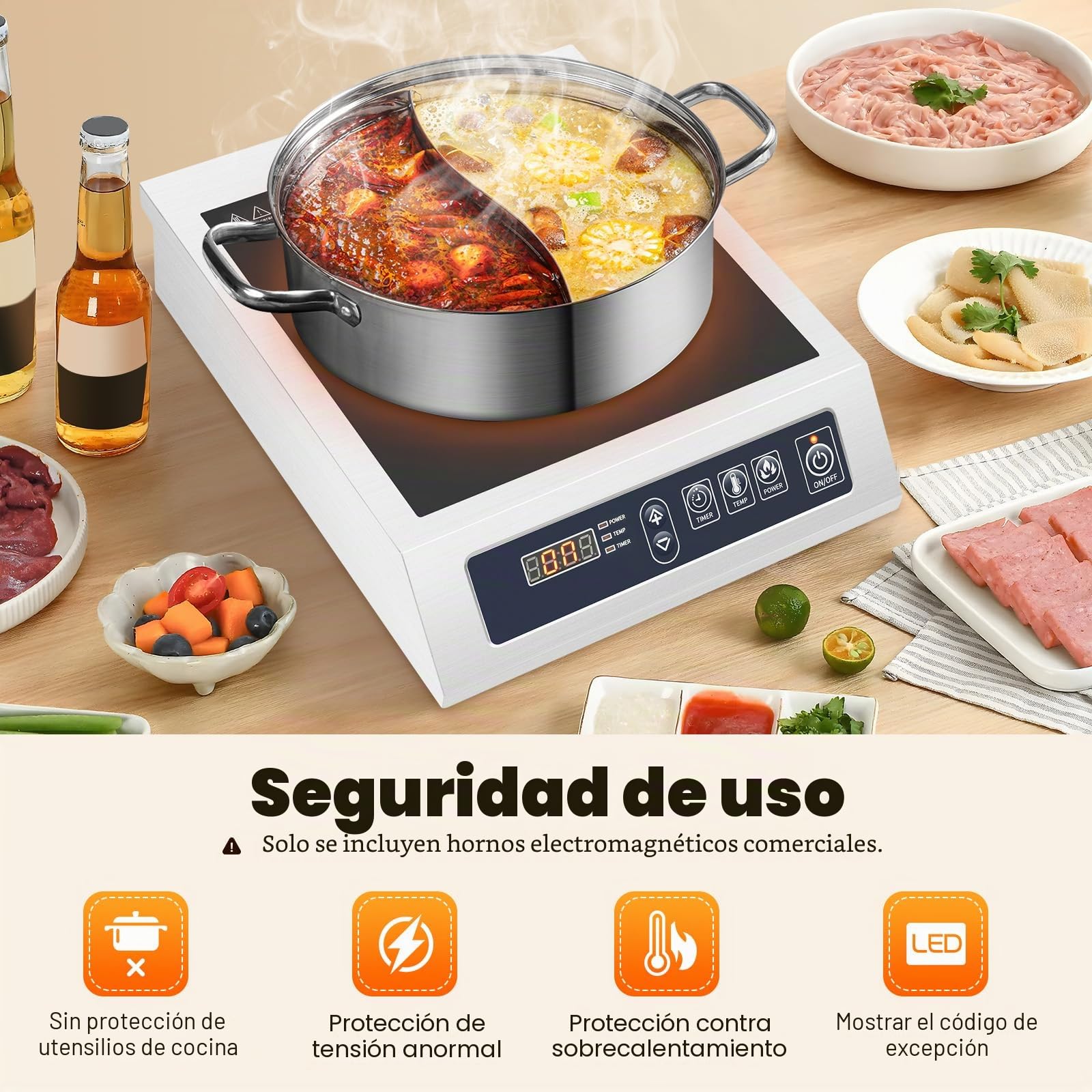 Placa de inducción comercial 3500 W – 11 niveles de potencia, indicador LED, detección automática de ollas, placa de cocina profesional de acero inoxidable con bobina de cobre y capacidad de carga de