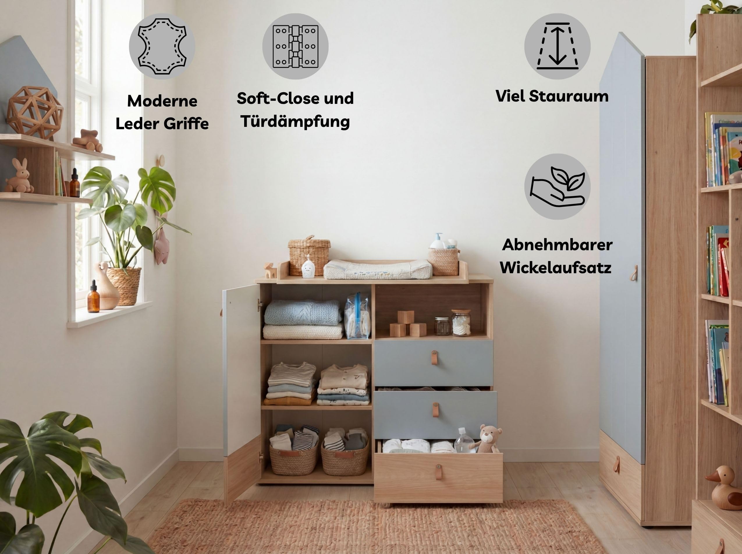 Roofy Babyzimmer Set 6-TLG – inkl. Babybett (umbaubar), Wickelkommode & Kleiderschrank – Made in Germany, Soft-Close – Skandi-Look in Salbei/Nagano Eiche