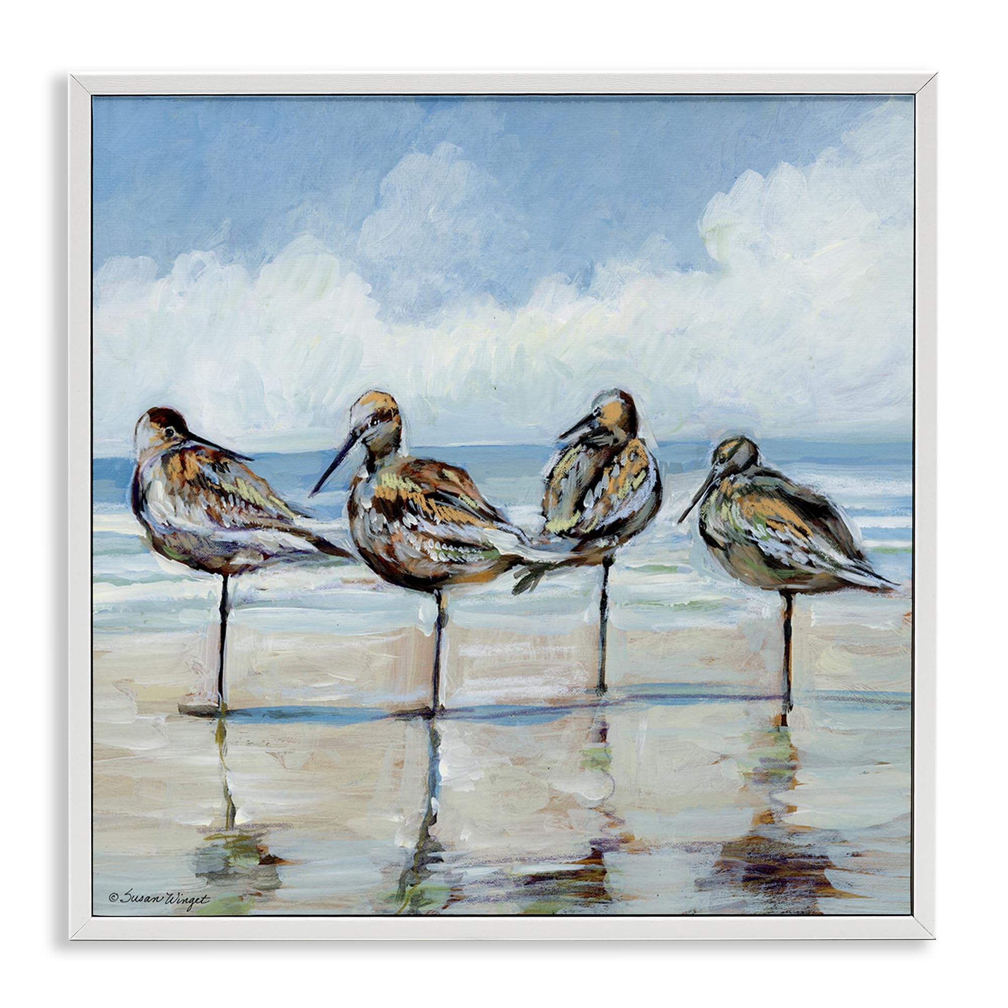 Stupell Industries Coastal White (Textured) 'Sandpipers Balancing On Beach'| Framed Giclee Art