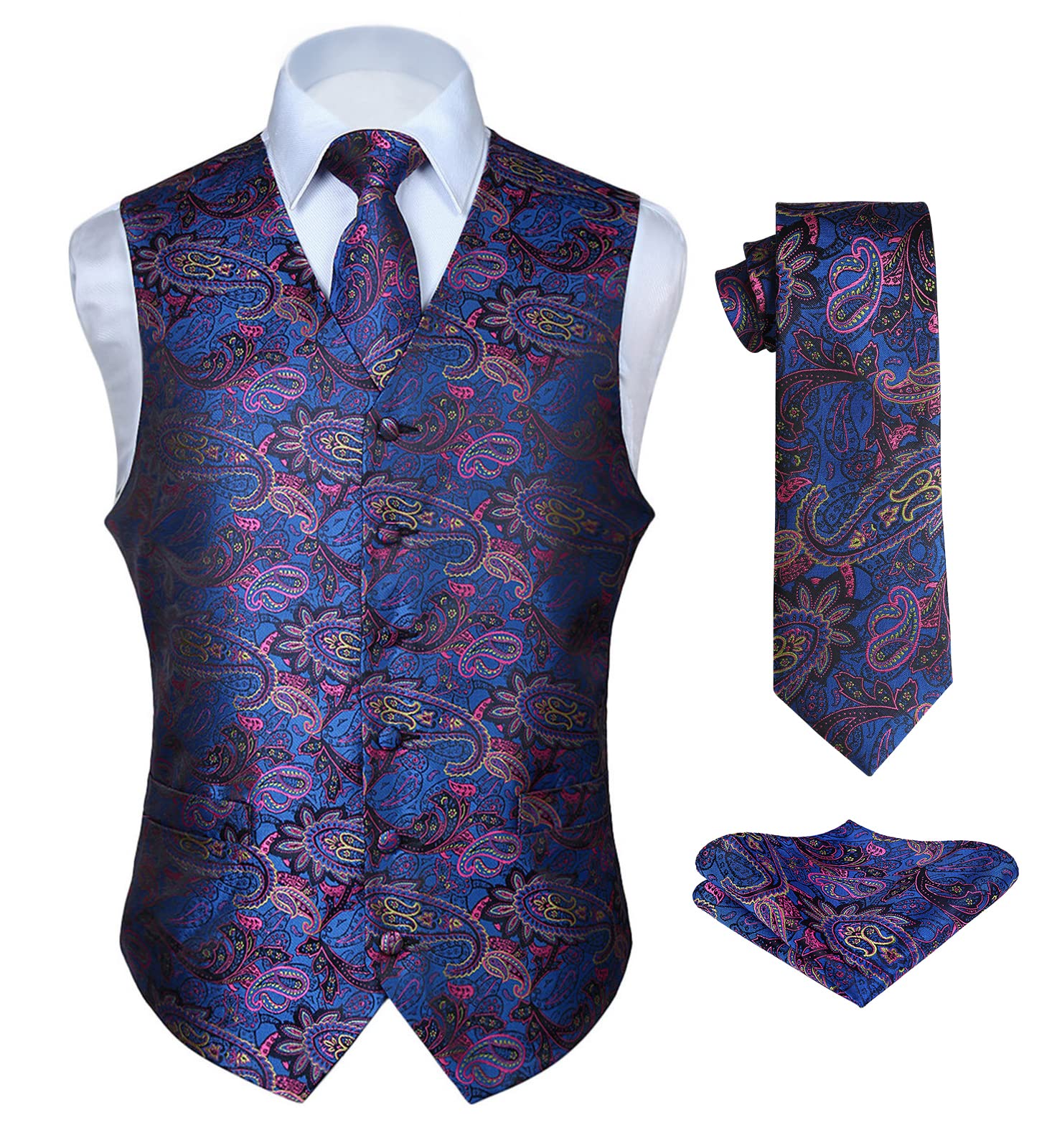 hisdern Mens Vest Tie Set 3PC Formal Waistcoat Paisley Floral Jacquard Necktie Pocket Square Suit Vests Wedding Party, C-04-blue & Pink, Large-picture-24