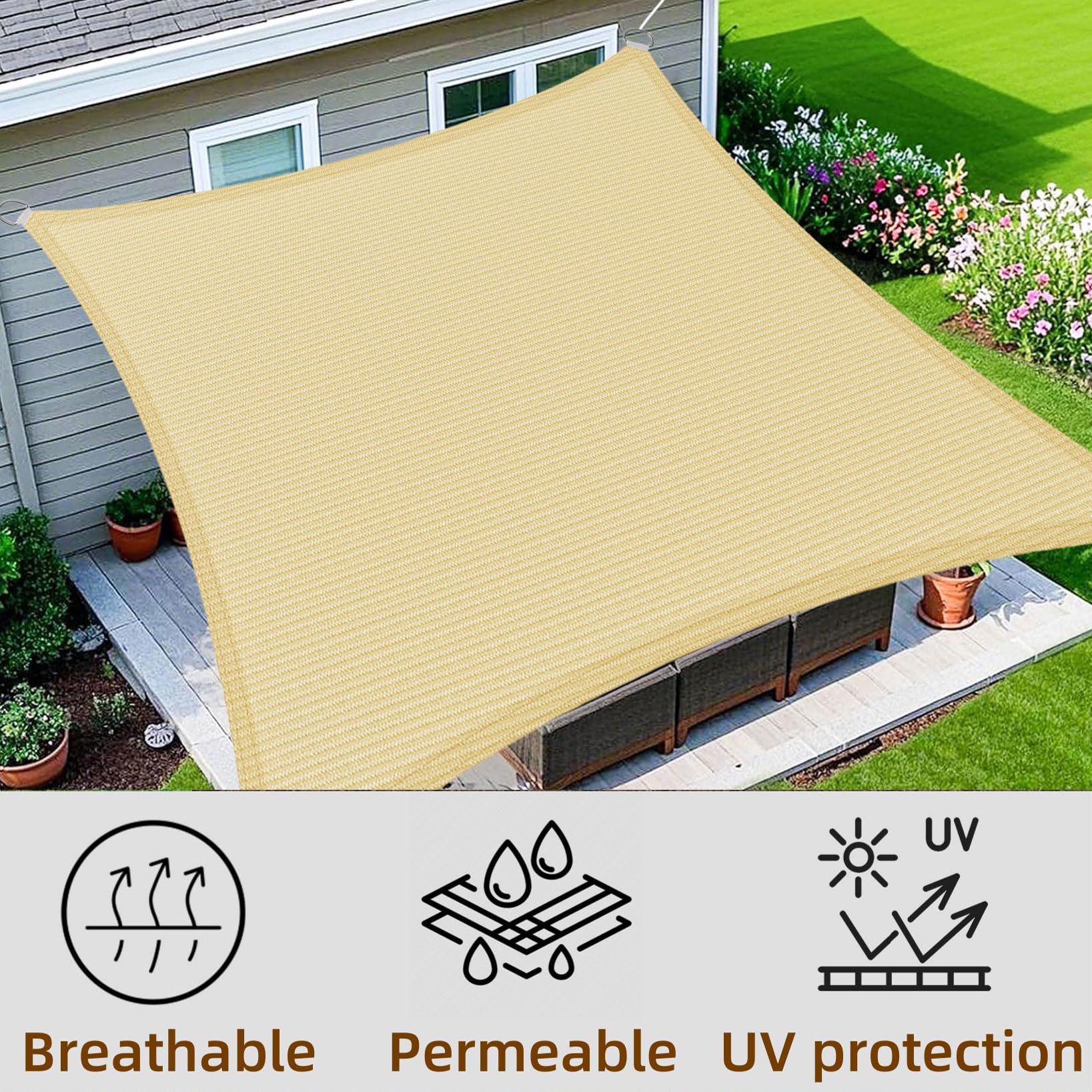 Vela Ombreggiante 400 x 400 cm Rettangolare Protezione Solare Anti UV HDPE Traspirante Telo Ombreggiante con Fune e Anello D per Giardino, Terrazza, Cortile (Personalizzabile), Color Crema