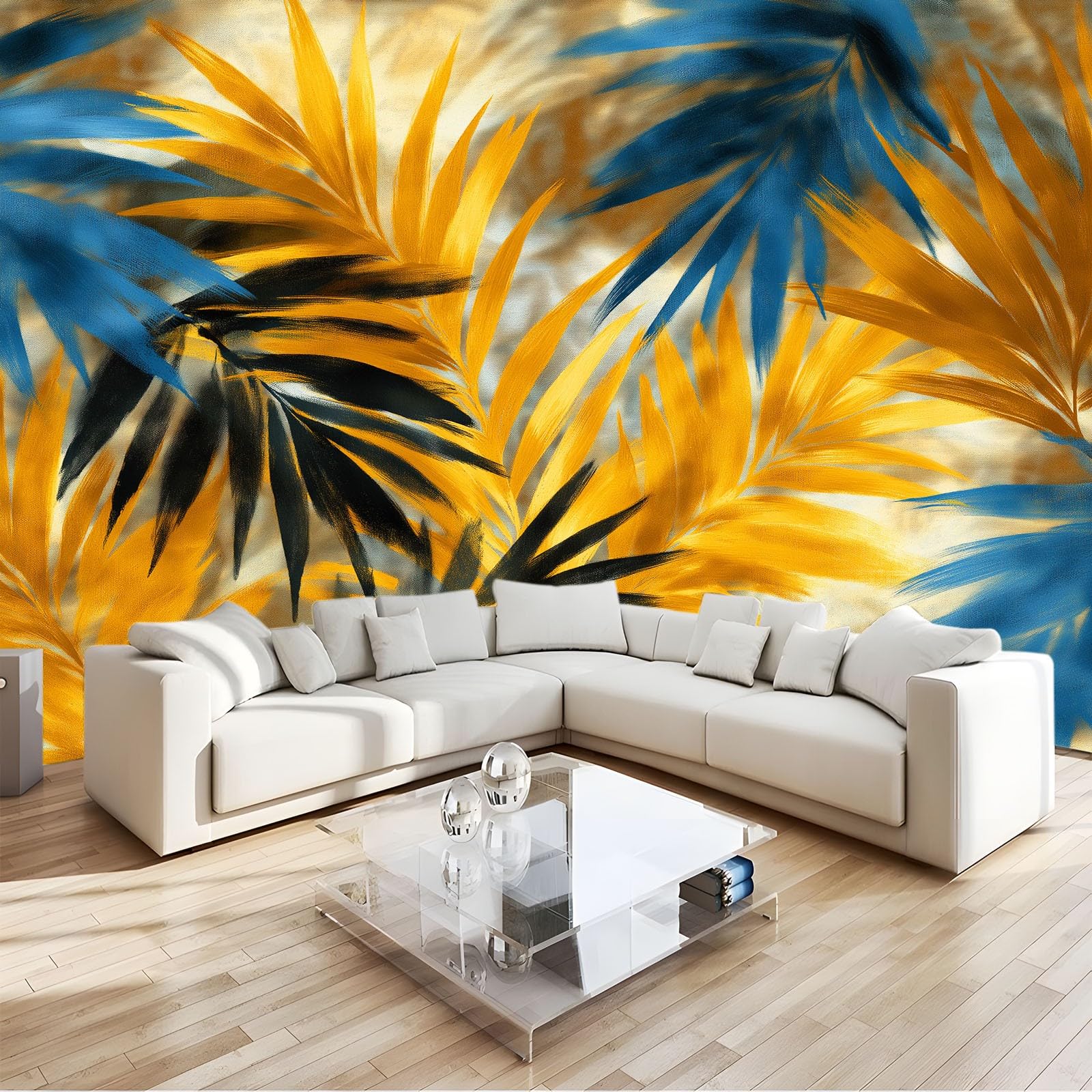 Papier peint panoramique jungle 500x280 cm poster mural géant jaune moutarde pour salon et chambre