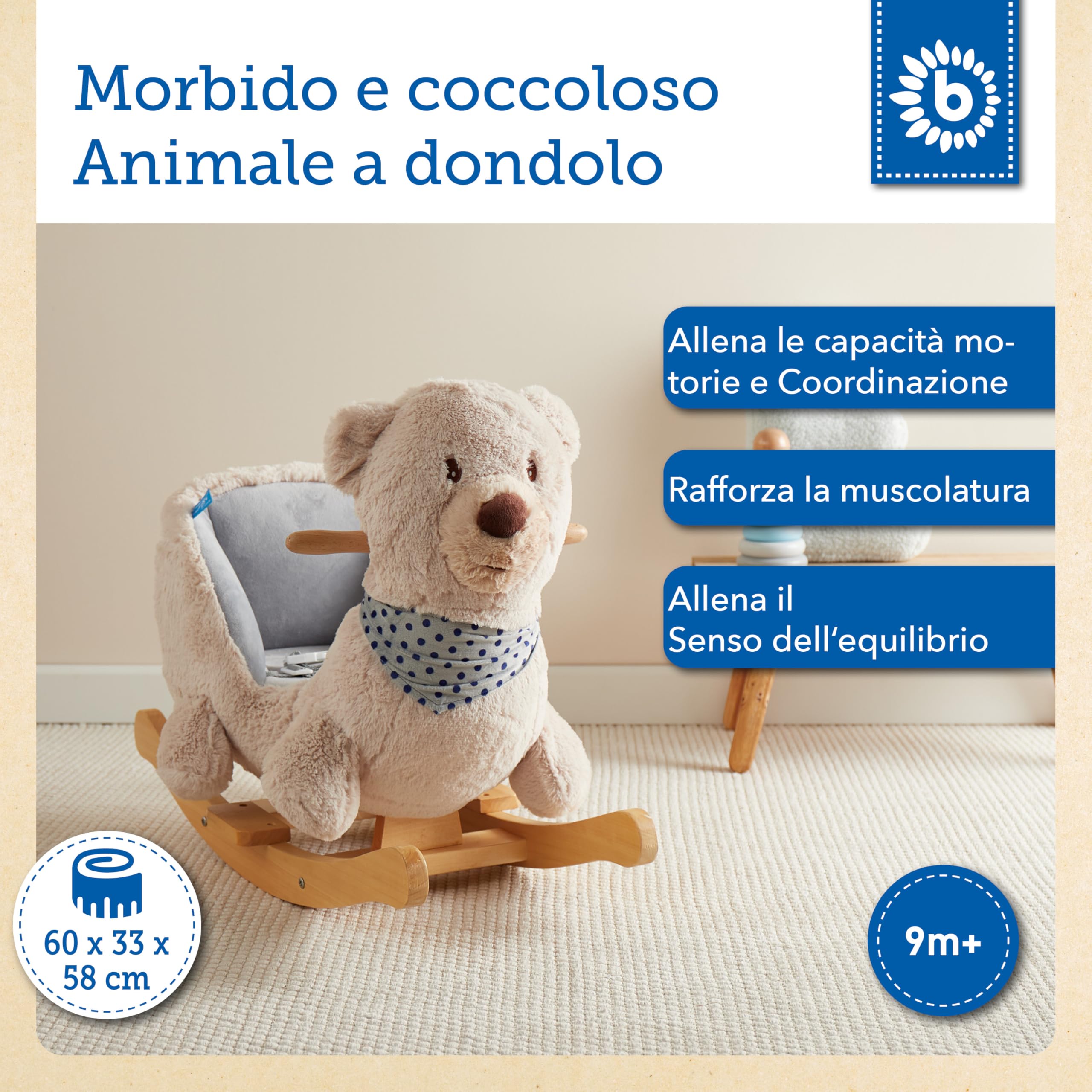 Bieco 74002111 - Dondolo Peluche Crema Orso Giocattolo, Sedia a Dondolo per Bambini con Struttura in Legno, Seduta e Schienale, Giocattoli a Dondolo, Schaukelbär per Neonati e Bambini da 9m +
