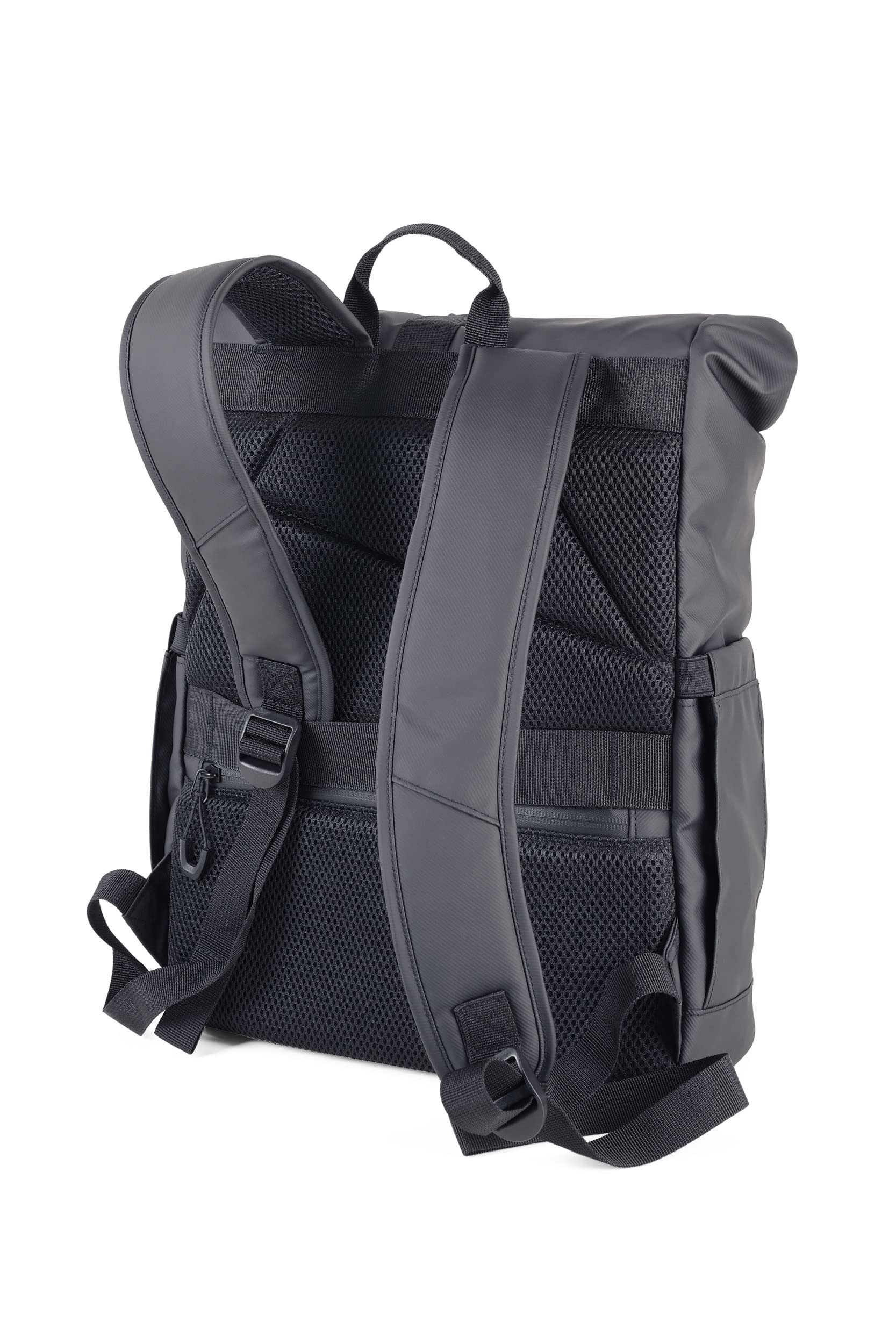 TROIKA Black Roll Top - BBL51/BK - Roll Top Rucksack mit magnetischem Sicherungsverschluss aus Metall – wasserabweisende Reißverschlüsse außen – Tarpaulin – schwarz