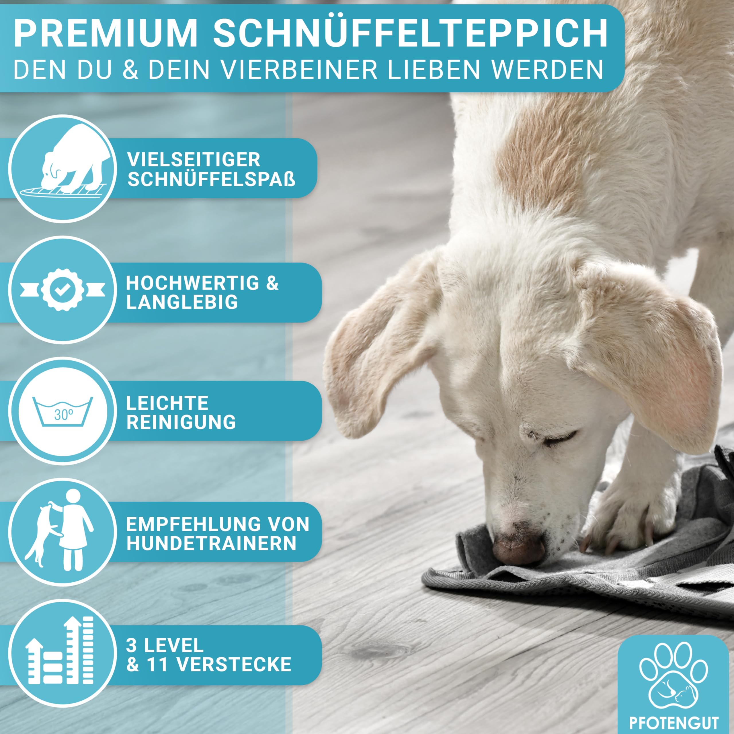 Schnüffelteppich für Hunde - Hochwertiger Schnüffelteppich inkl. 11 Trainingselemente und 3 Schwierigkeitsstufen - Schnüffelteppich Hund - Hunde Schnüffelteppich
