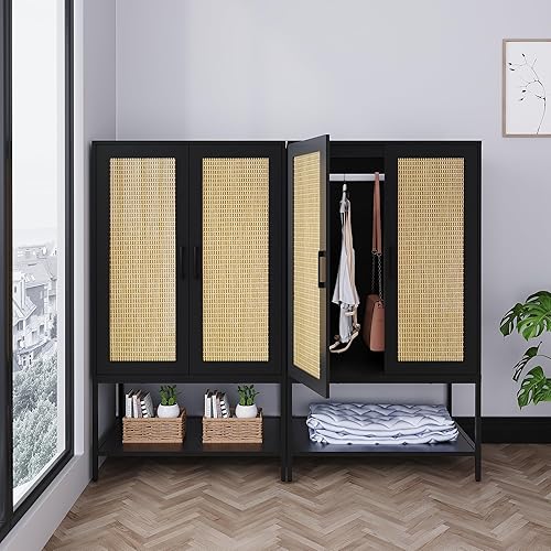 Miniatura 9 de BOCVKENN Armario ropero, Armario de ratán para dormitorio con 2 puertas, armario de madera con estantes y barra para colgar ropa, color blanco