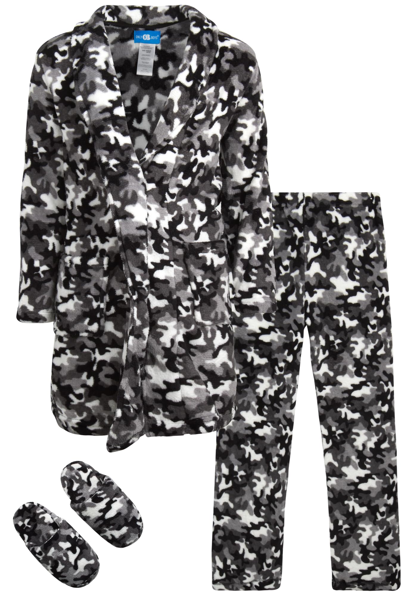 ONLY BOYS Bathrobe Set - 3 Piece Soft Fuzzy Boys Fleece Robe, Slippers and Matching Kids Pajama Pants