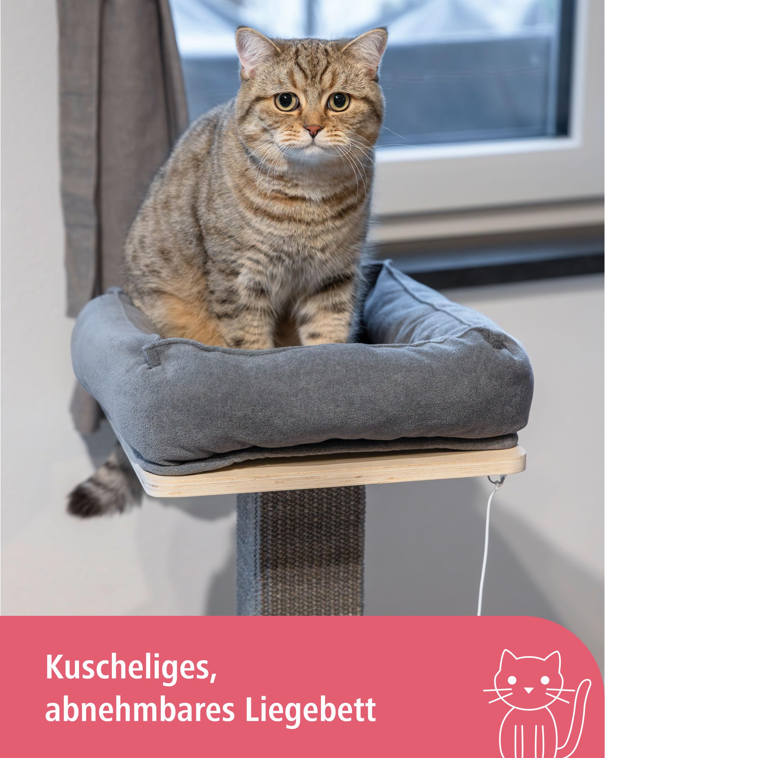 Kerbl Pet Kratzbaum Noah II, Kratzmöbel, grau/Natur, 38 x 38 x 78 cm, Massivholz, für Katzen und Kitten, mit Sisalsäule, Liegebett waschbar, modernes Design