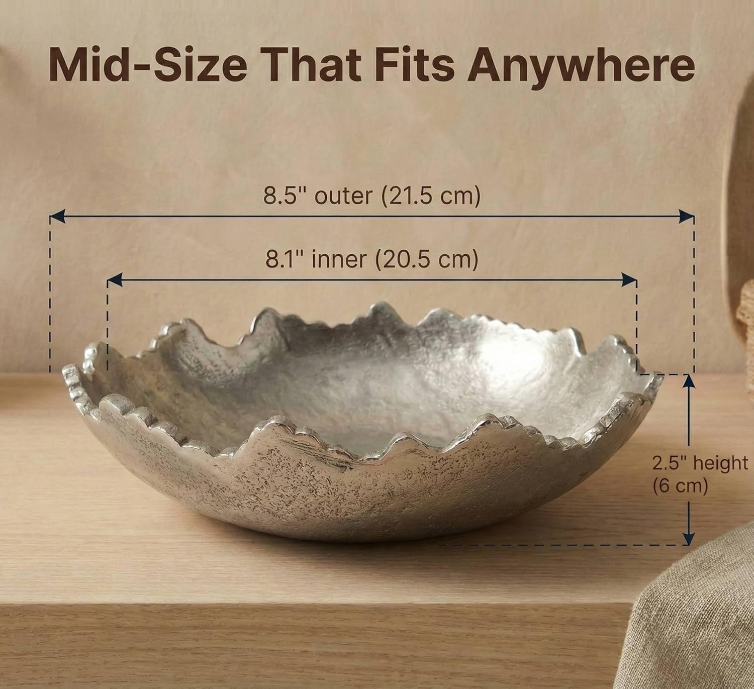 Silver Decorative Bowl for Coffee Table, 8.5" Modern Sculptural Centerpiece, Hand-Hammered, Hand-Textured Aluminum Bowl with Protective Feet, Entryway Catchall Key Bowl