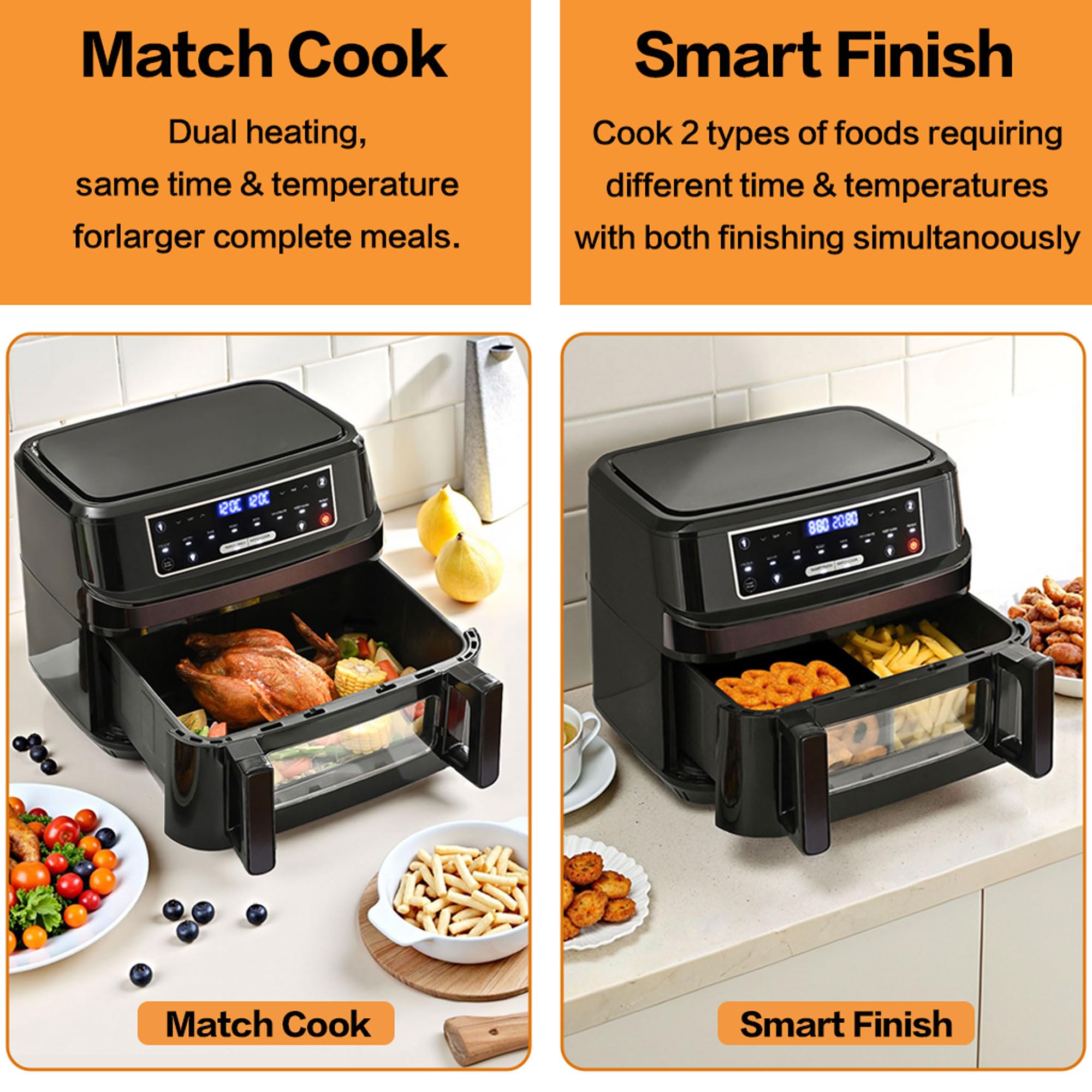 Friggitrice ad Aria 12L con Camere Singole e Doppie Regolabili, Emphsism XXL Airfryer con Finestra, Friggitrice Senza Olio, 8 Modi, Pannello Touch