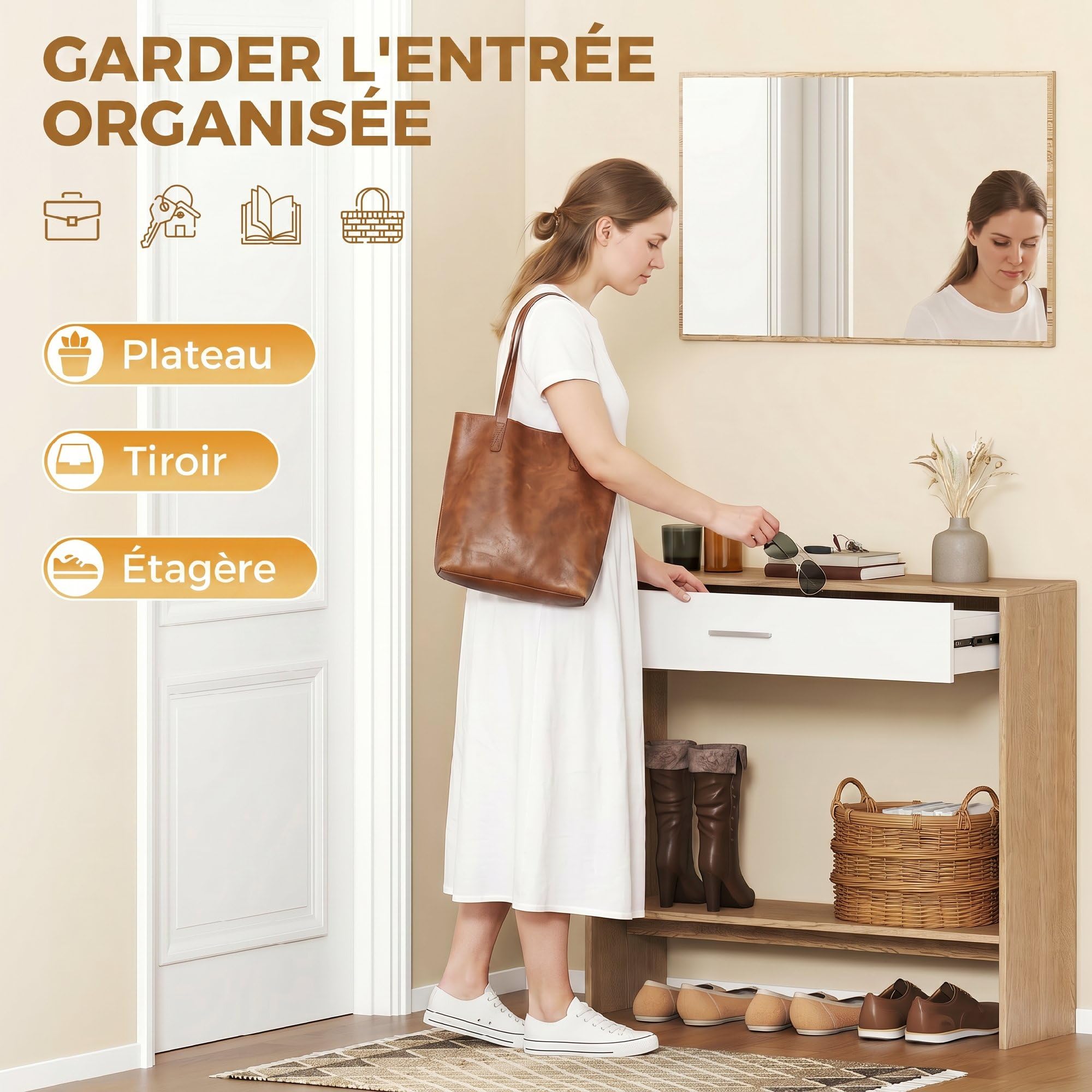 HOMCOM Console Meuble + Miroir avec tiroir 91,5 x 27,9 x 85,5 cm chêne | Table Console Étroite, Avec Étagère, Style Moderne, Table d'Entrée, Couloir, Salon, Petits Espaces